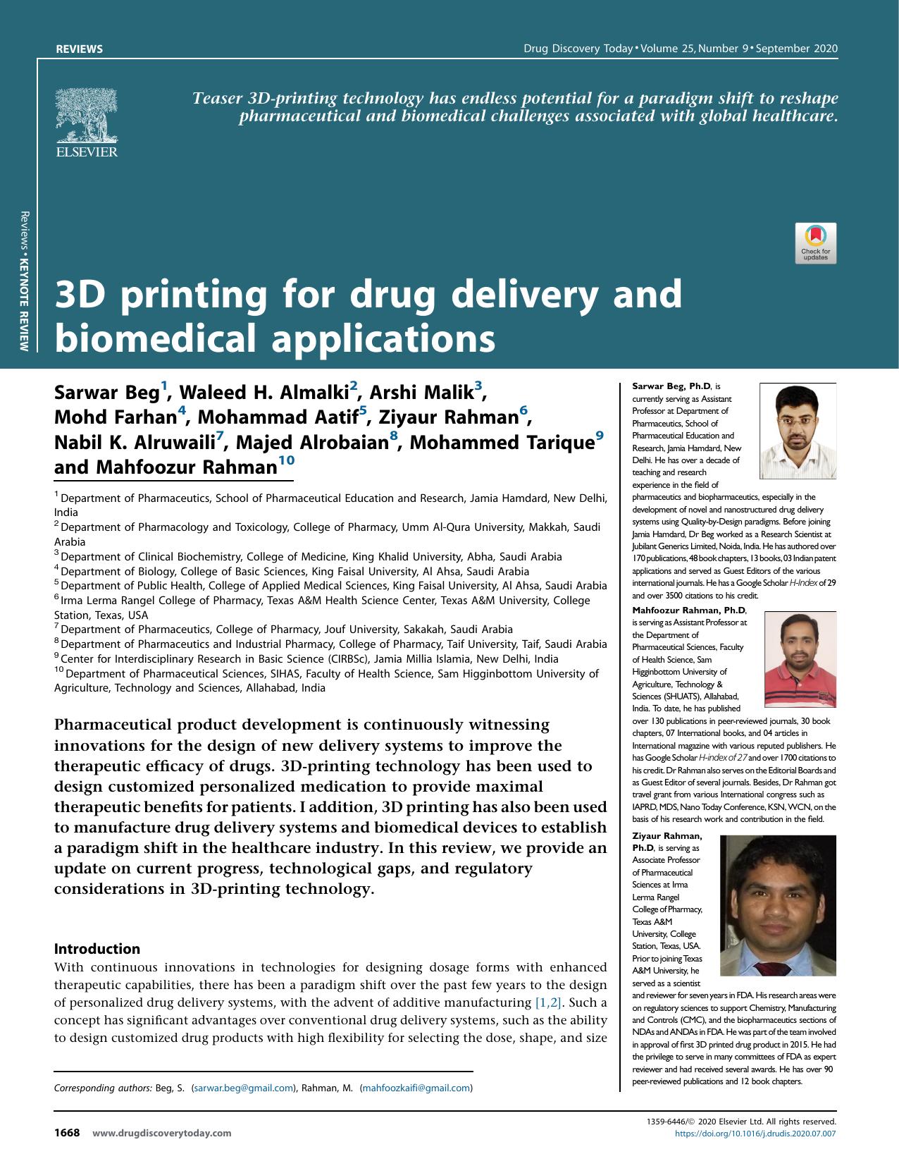 3D printing for drug delivery and biomedical applications by Sarwar Beg