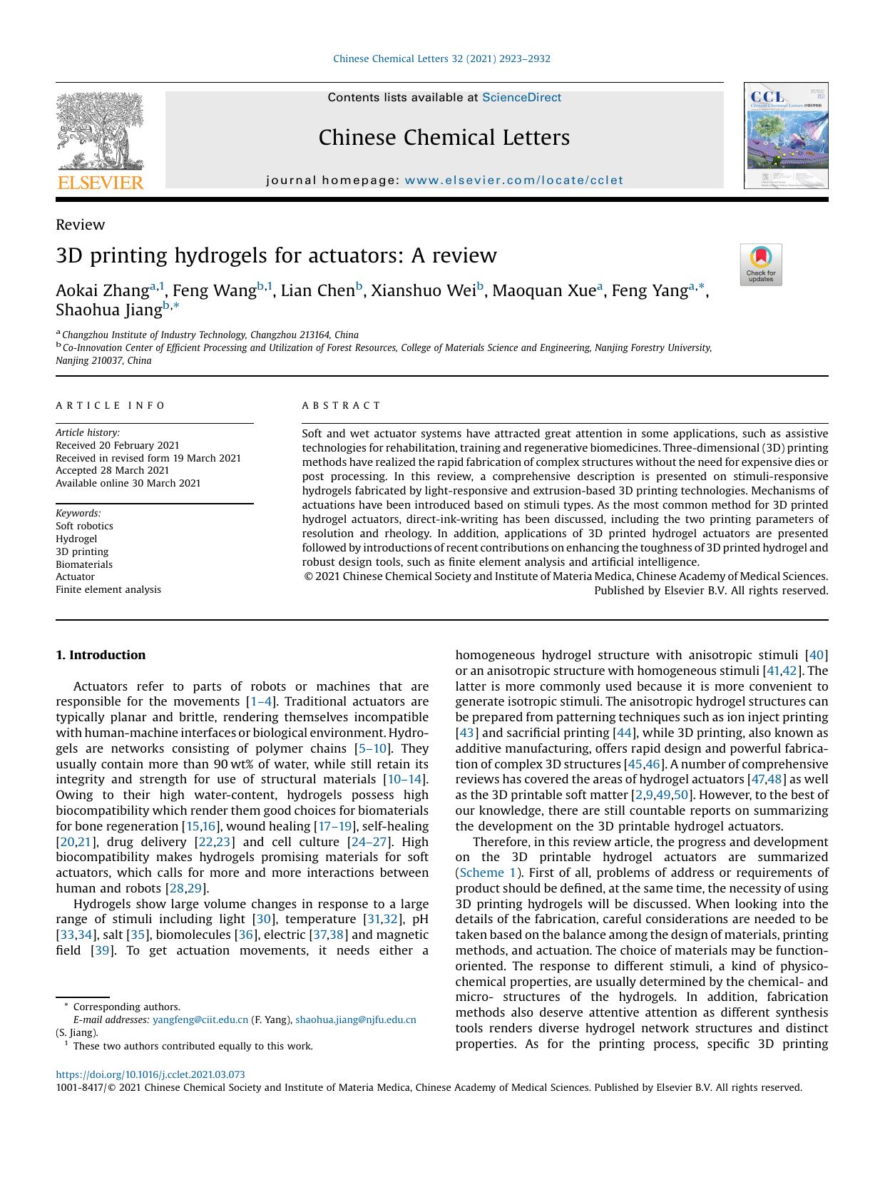 3D printing hydrogels for actuators: A review by Aokai Zhang & Feng Wang & Lian Chen & Xianshuo Wei & Maoquan Xue & Feng Yang & Shaohua Jiang