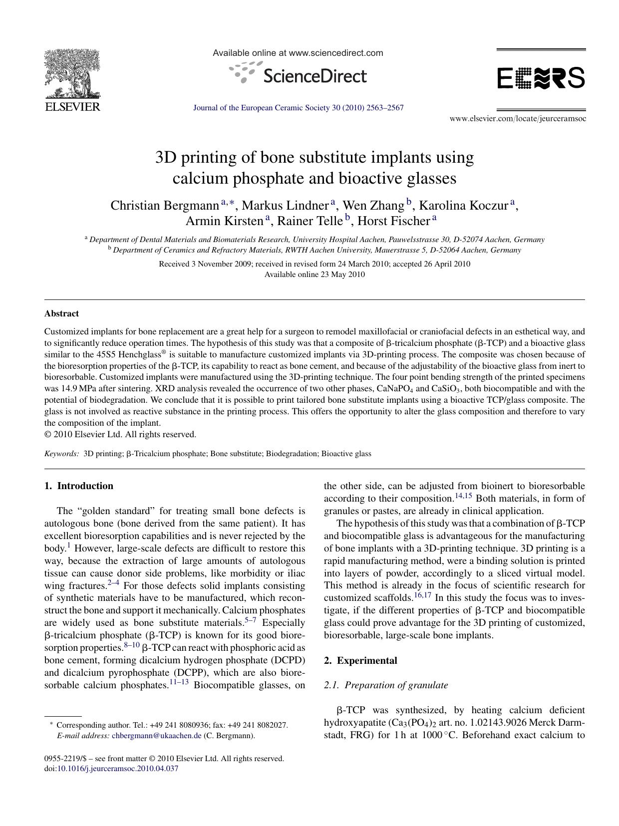 3D printing of bone substitute implants using calcium phosphate and bioactive glasses by unknow