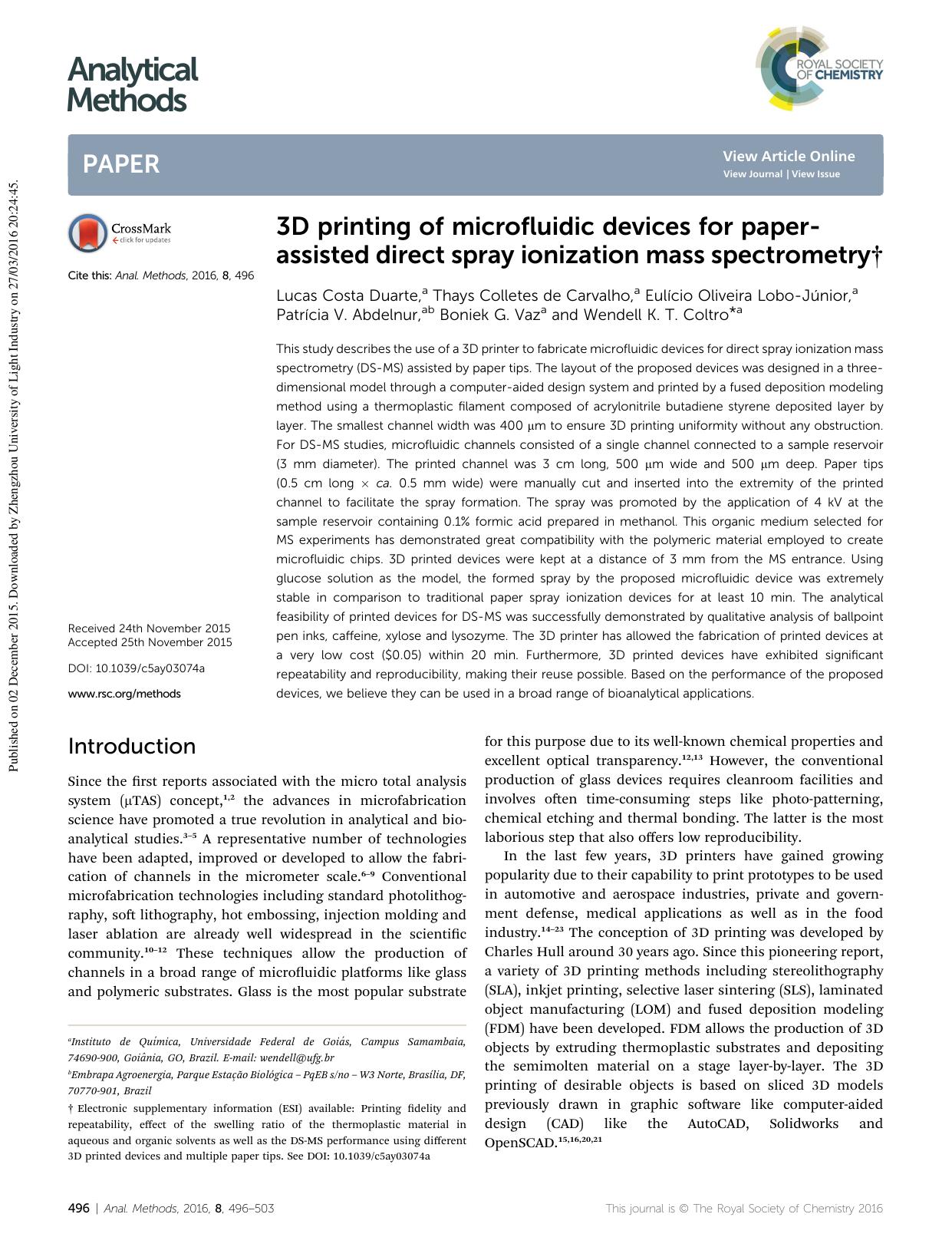 3D printing of microfluidic devices for paper-assisted direct spray ionization mass spectrometry by unknow