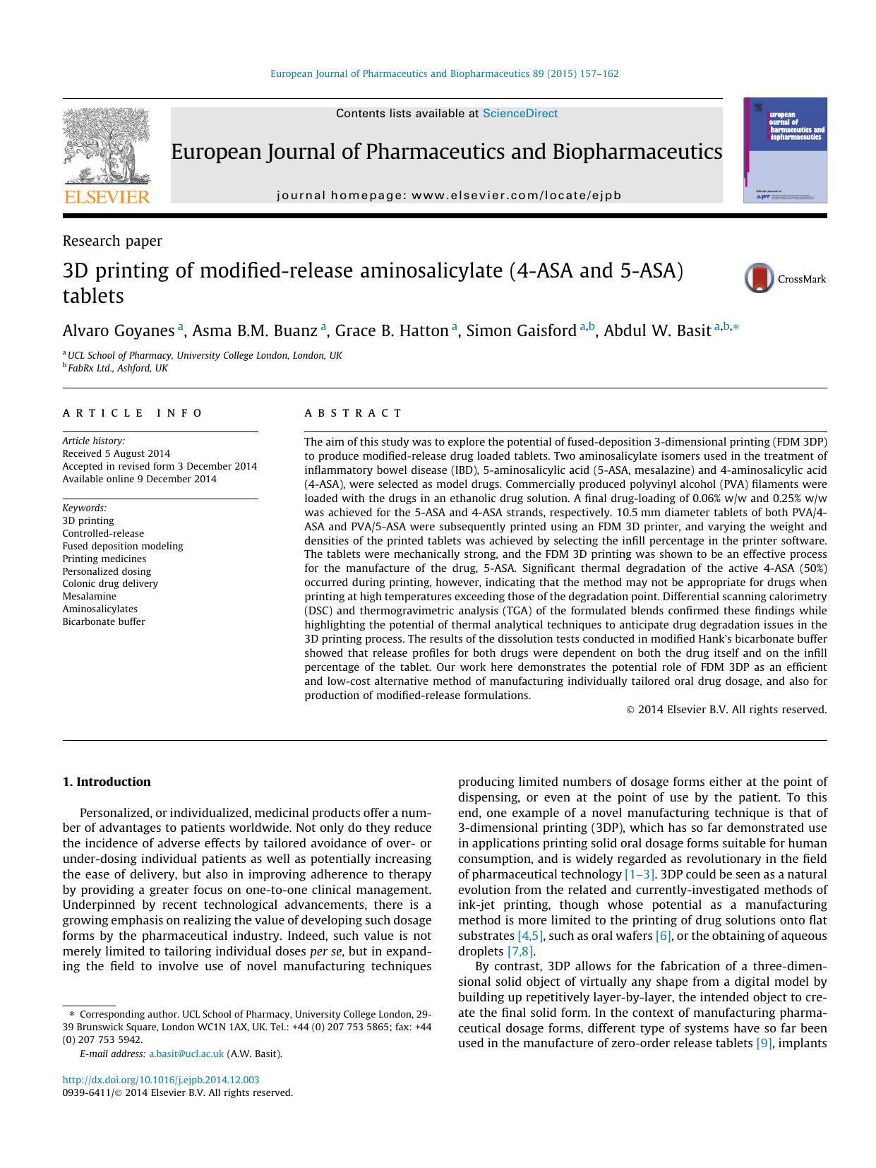 3D printing of modified-release aminosalicylate (4-ASA and 5-ASA) tablets by Alvaro Goyanes & Asma B.M. Buanz & Grace B. Hatton & Simon Gaisford & Abdul W. Basit