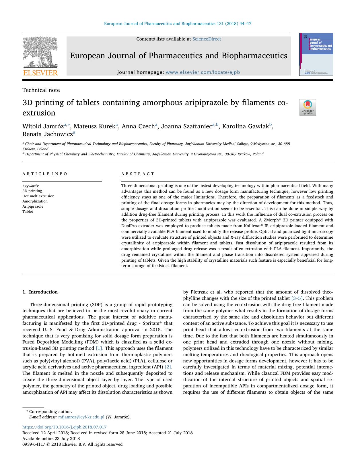 3D printing of tablets containing amorphous aripiprazole by filaments co-extrusion by Witold Jamróz & Mateusz Kurek & Anna Czech & Joanna Szafraniec & Karolina Gawlak & Renata Jachowicz