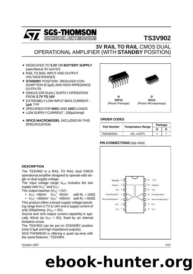 3V INPUTOUTPUT RAIL TO RAIL DUAL CMOS OP-AMPS (WITH STANDBY POSITION) by STMicroelectronics