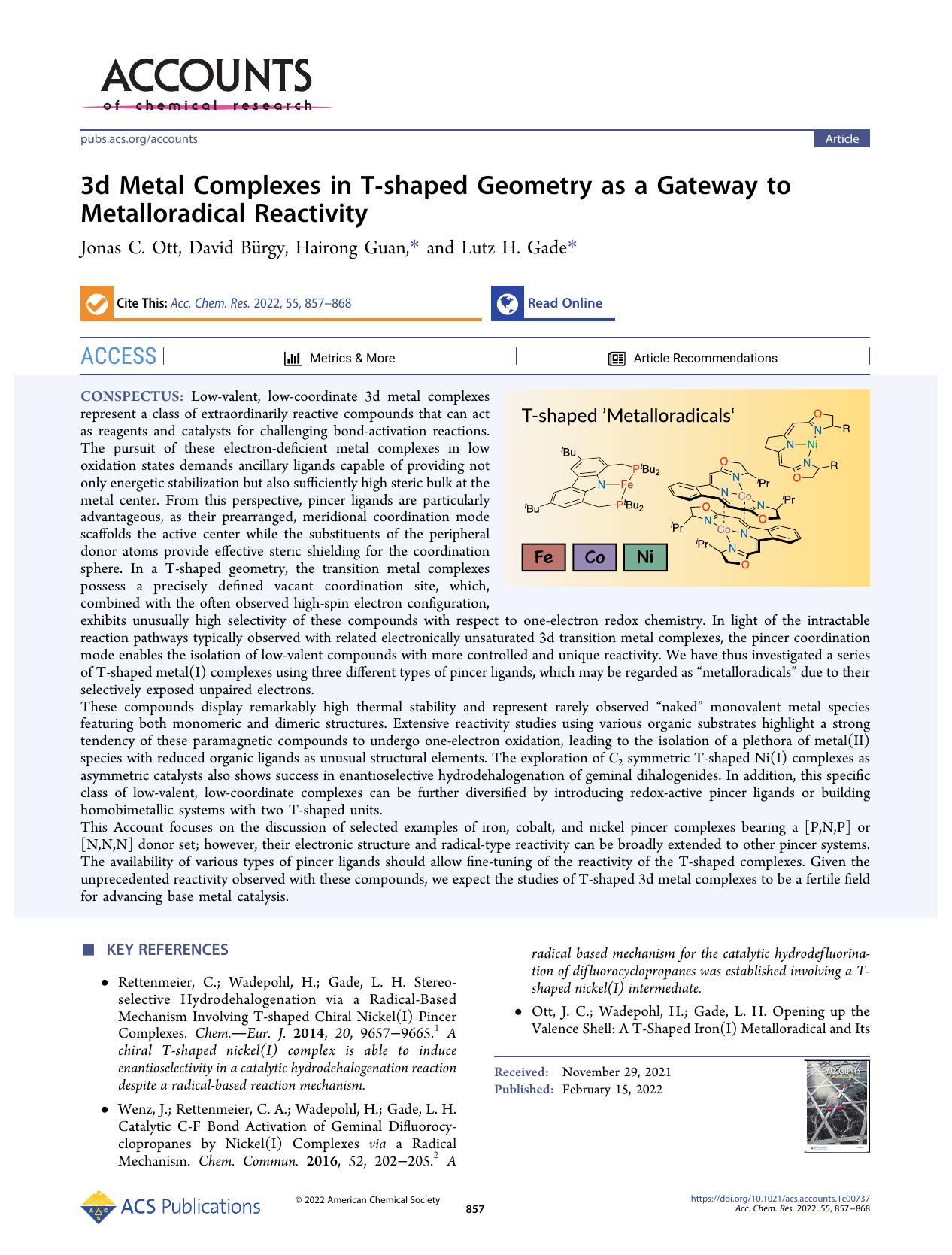 3d Metal Complexes in T-shaped Geometry as a Gateway to Metalloradical Reactivity by Jonas C. Ott David Bürgy Hairong Guan and Lutz H. Gade