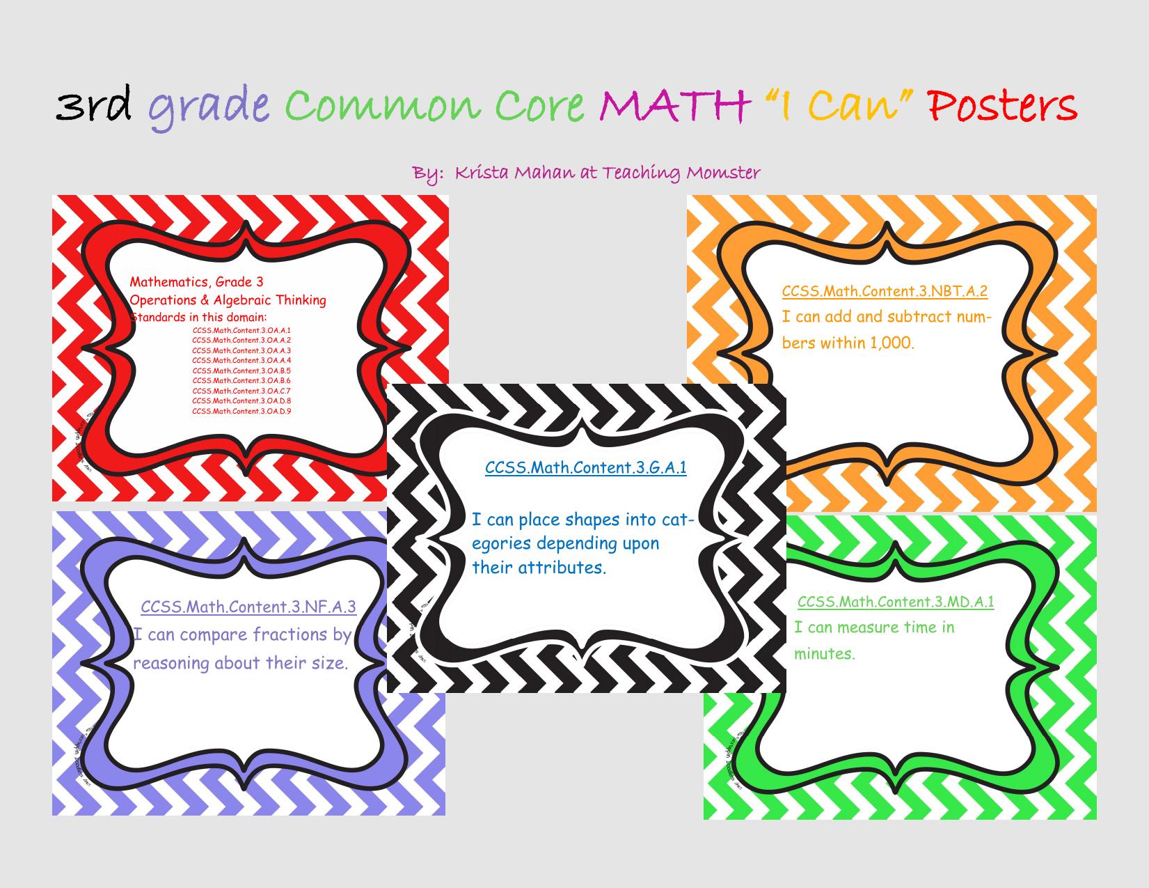 3rd grade Common Core Math I Can statement Posters, chevron pattern by Teaching MOMster
