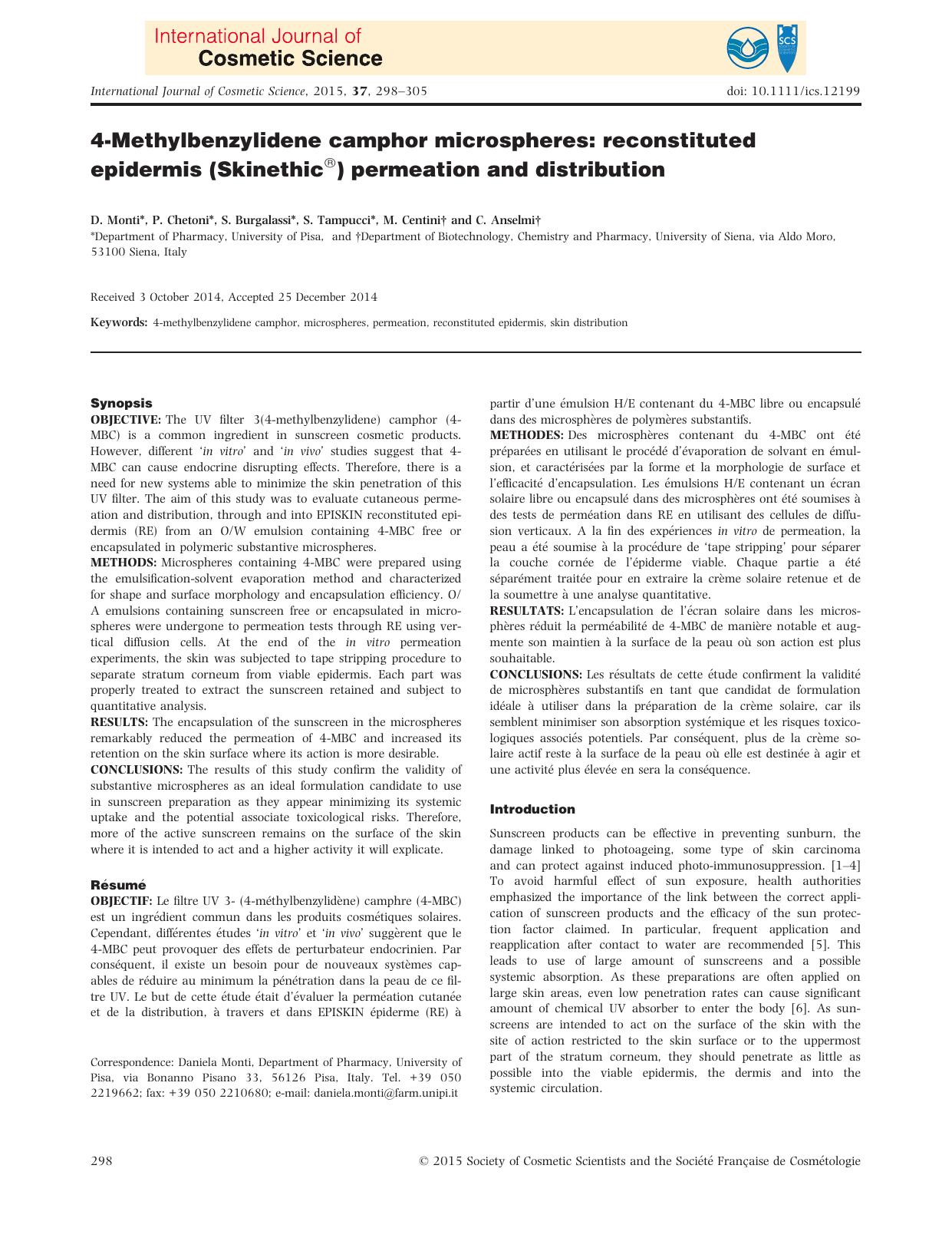 4&#x2010;Methylbenzylidene camphor microspheres: reconstituted epidermis (Skinethic&#x00AE;) permeation and distribution by Unknown