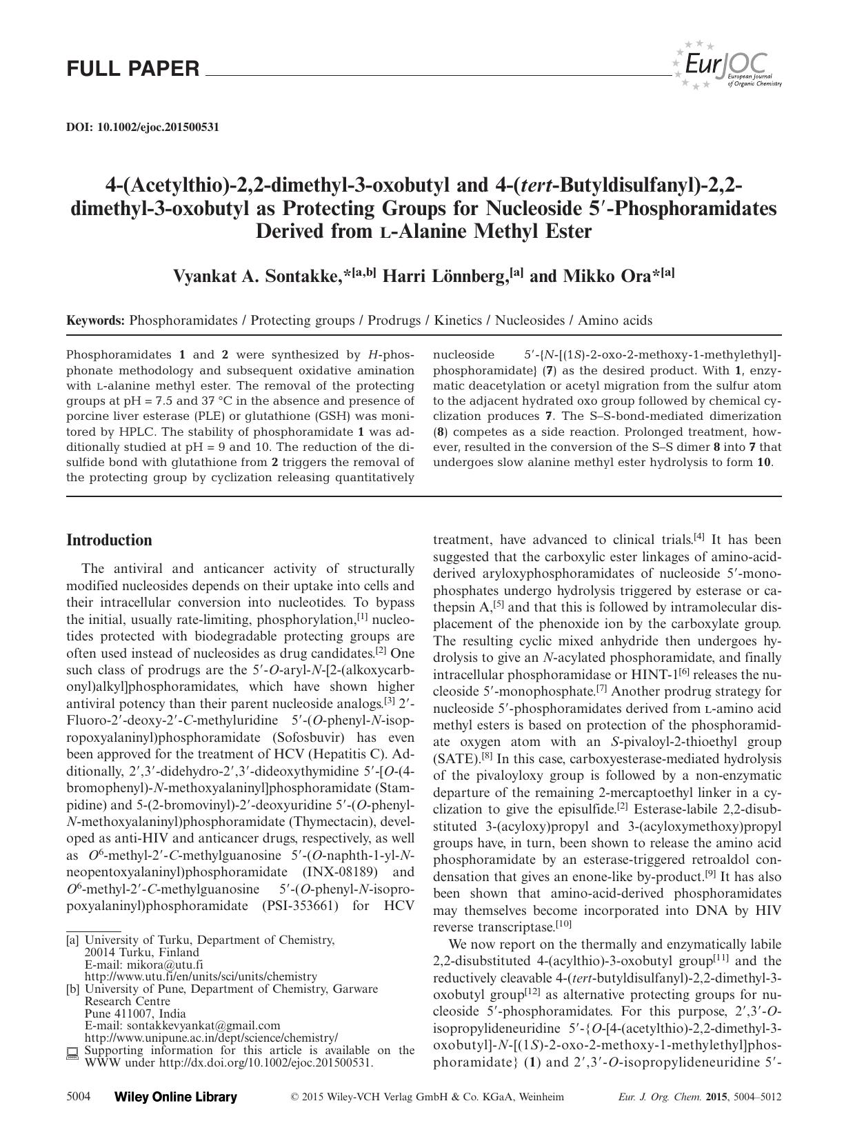4(Acetylthio)2,2dimethyl3oxobutyl and 4(tertButyldisulfanyl)2,2dimethyl3oxobutyl as Protecting Groups for Nucleoside 5Phosphoramidates Derived from LAlanine Methyl Ester by Unknown