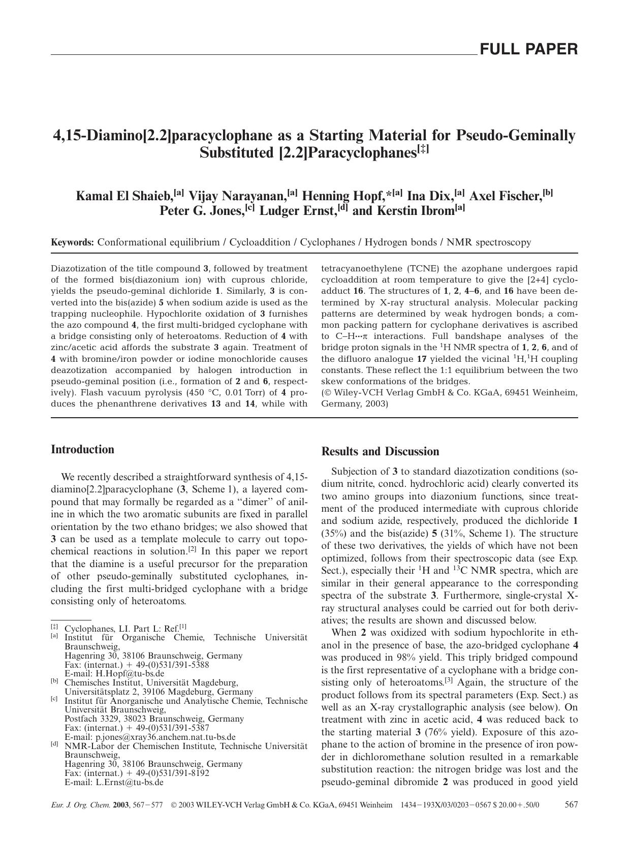 4,15-Diamino[2.2]paracyclophane as a Starting Material for Pseudo-Geminally Substituted [2.2]Paracyclophanes by Unknown
