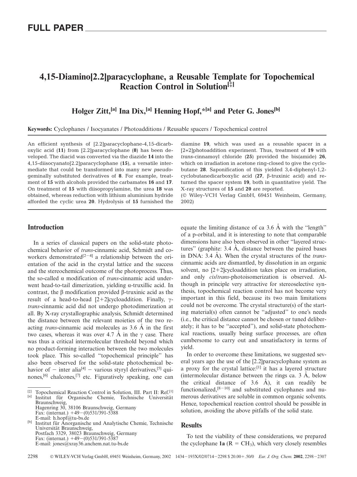 4,15-Diamino[2.2]paracyclophane, a Reusable Template for Topochemical Reaction Control in Solution by Unknown