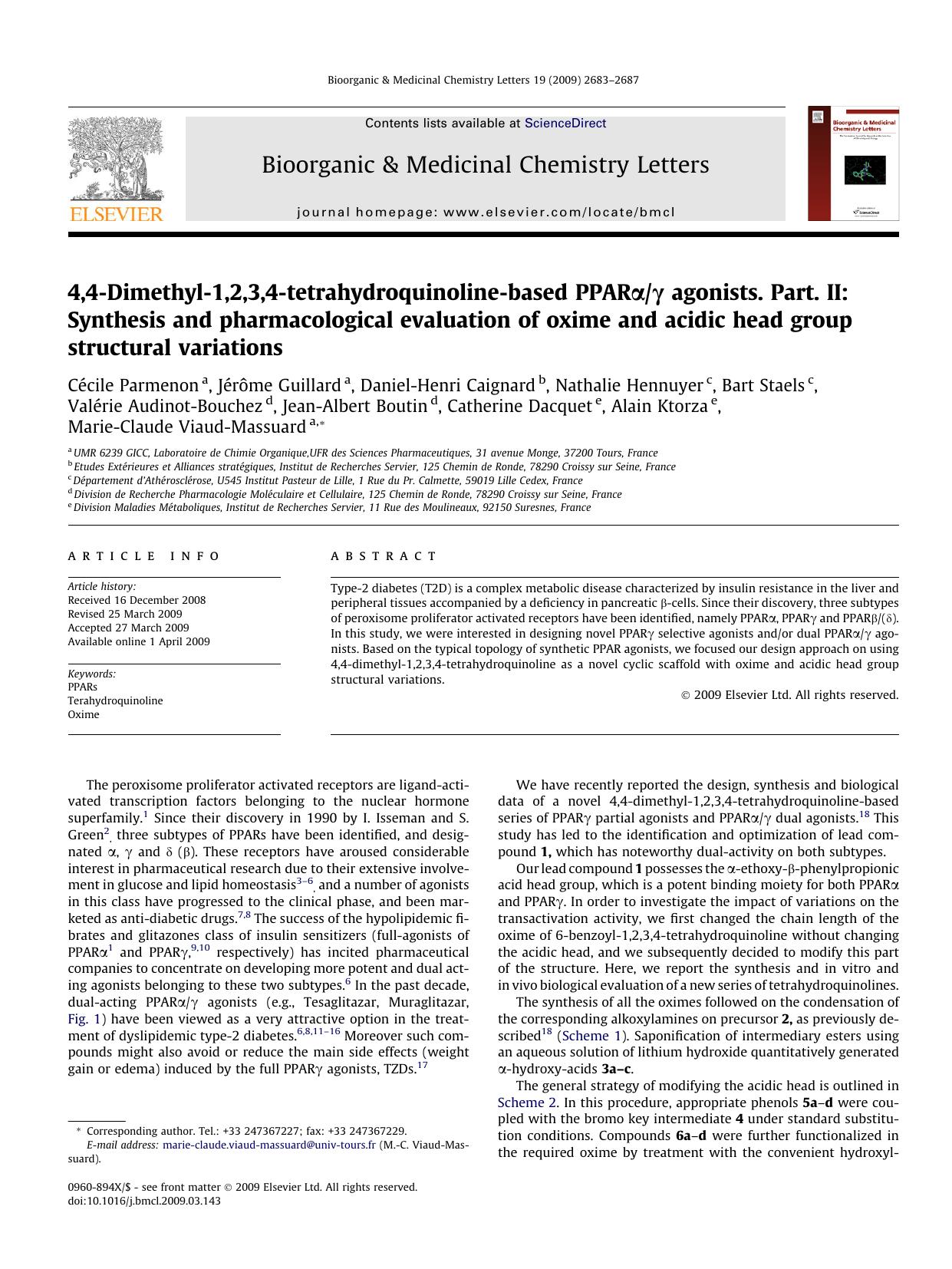 4,4-Dimethyl-1,2,3,4-tetrahydroquinoline-based PPARÎ±Î³ agonists. Part. II: Synthesis and pharmacological evaluation of oxime and acidic head group structural variations by unknow