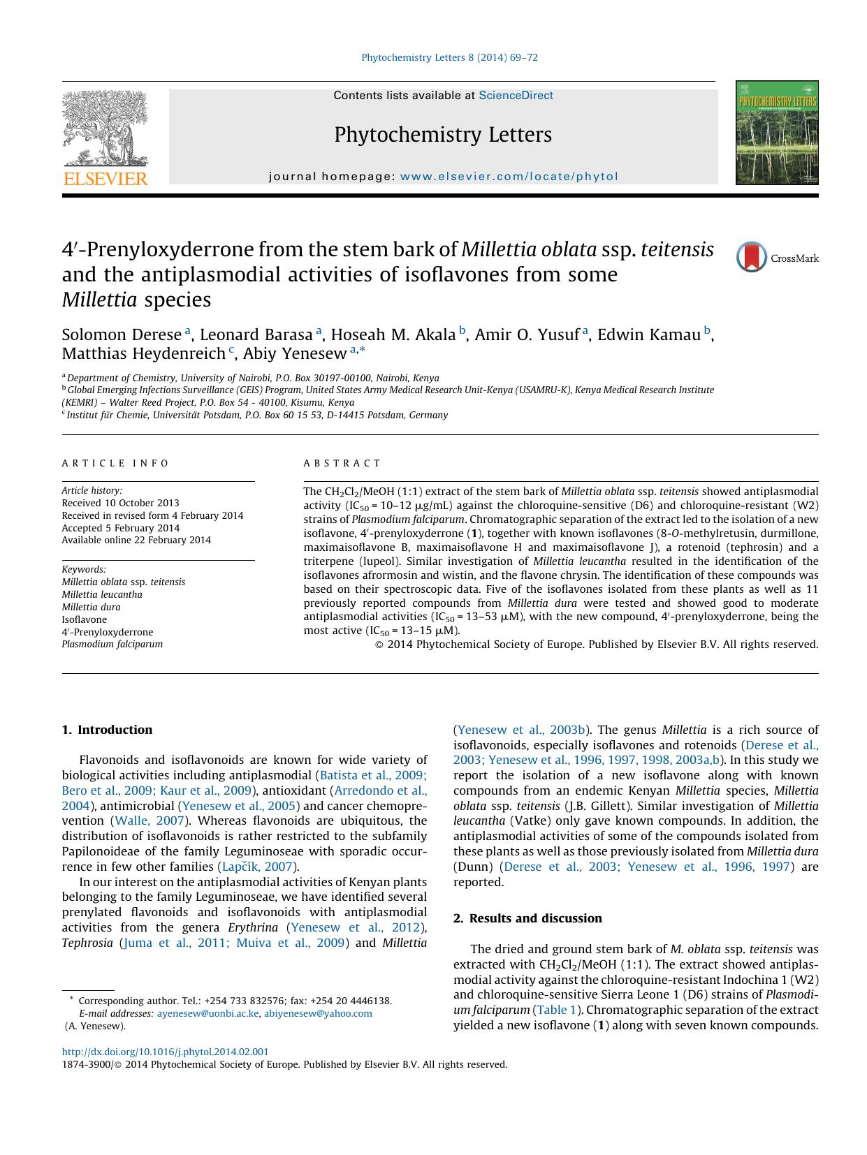 4â²-Prenyloxyderrone from the stem bark of Millettia oblata ssp. teitensis and the antiplasmodial activities of isoflavones from some Millettia species by unknow