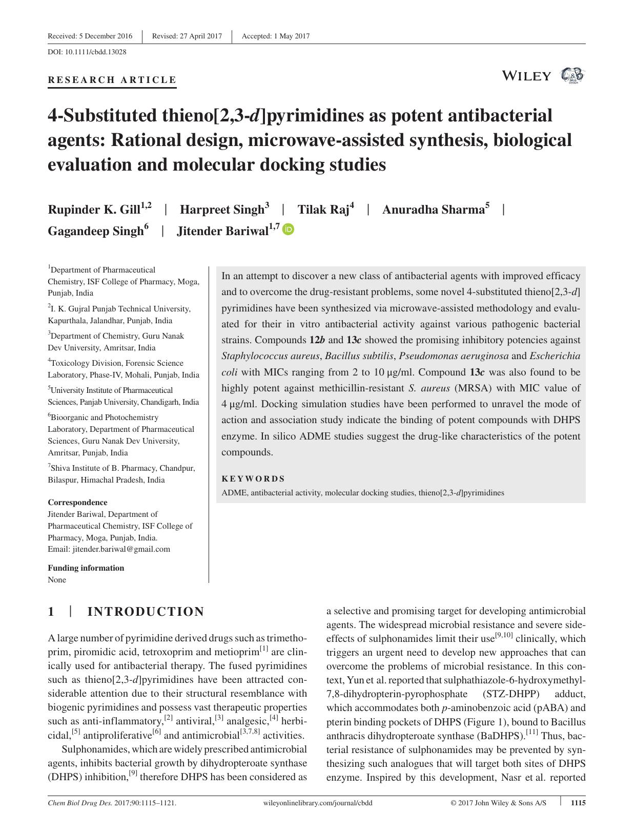 4‐Substituted thieno[2,3‐d]pyrimidines as potent antibacterial agents: Rational design, microwave‐assisted synthesis, biological evaluation and molecular docking studies by unknow