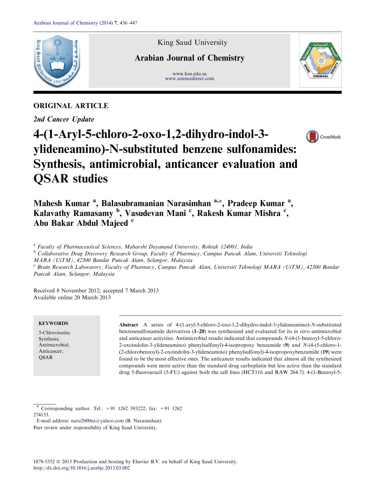 4-(1-Aryl-5-chloro-2-oxo-1,2-dihydro-indol-3-ylideneamino)-N-substituted benzene sulfonamides: Synthesis, antimicrobial, anticancer evaluation and QSAR studies by unknow