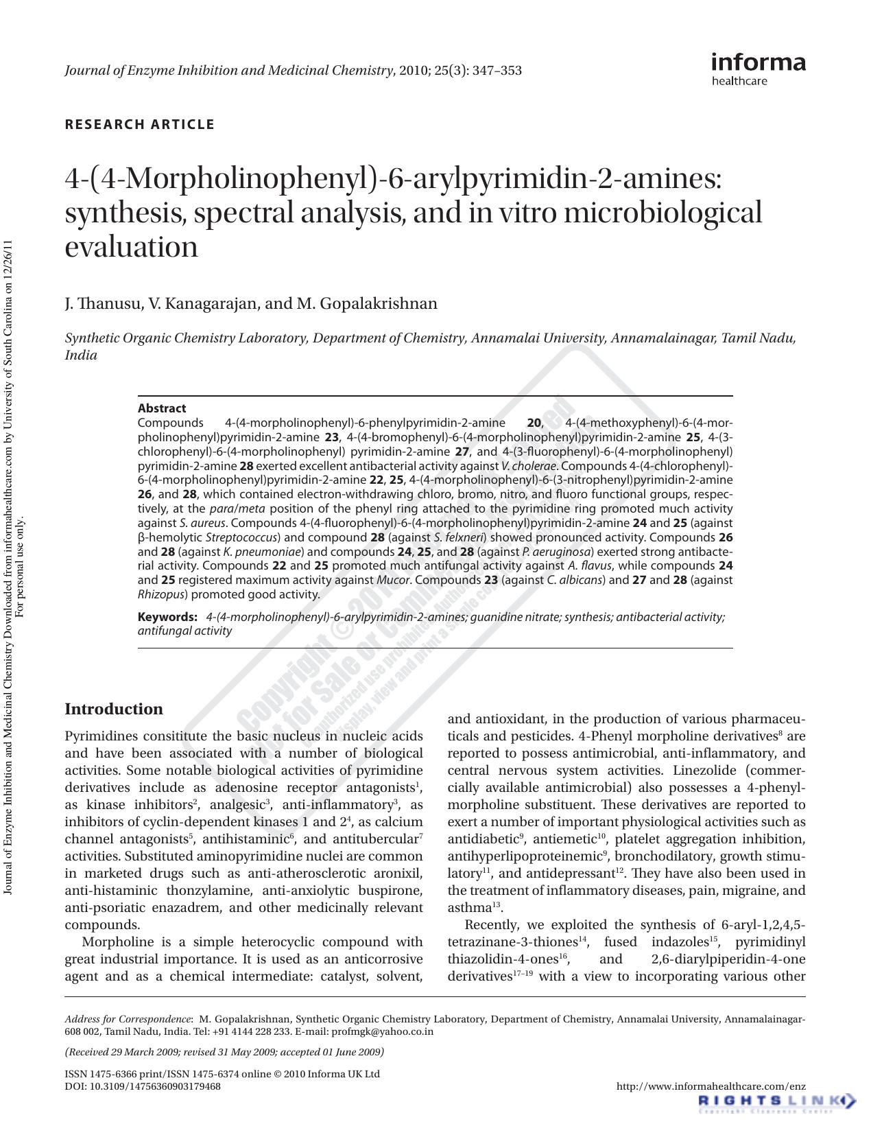 4-(4-Morpholinophenyl)-6-arylpyrimidin-2-amines: synthesis, spectral analysis, and in vitro microbiological evaluation by J. Thanusu V. Kanagarajan M. Gopalakrishnan