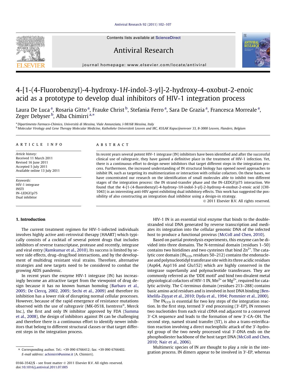 4-[1-(4-Fluorobenzyl)-4-hydroxy-1H-indol-3-yl]-2-hydroxy-4-oxobut-2-enoic acid as a prototype to develop dual inhibitors of HIV-1 integration process by unknow
