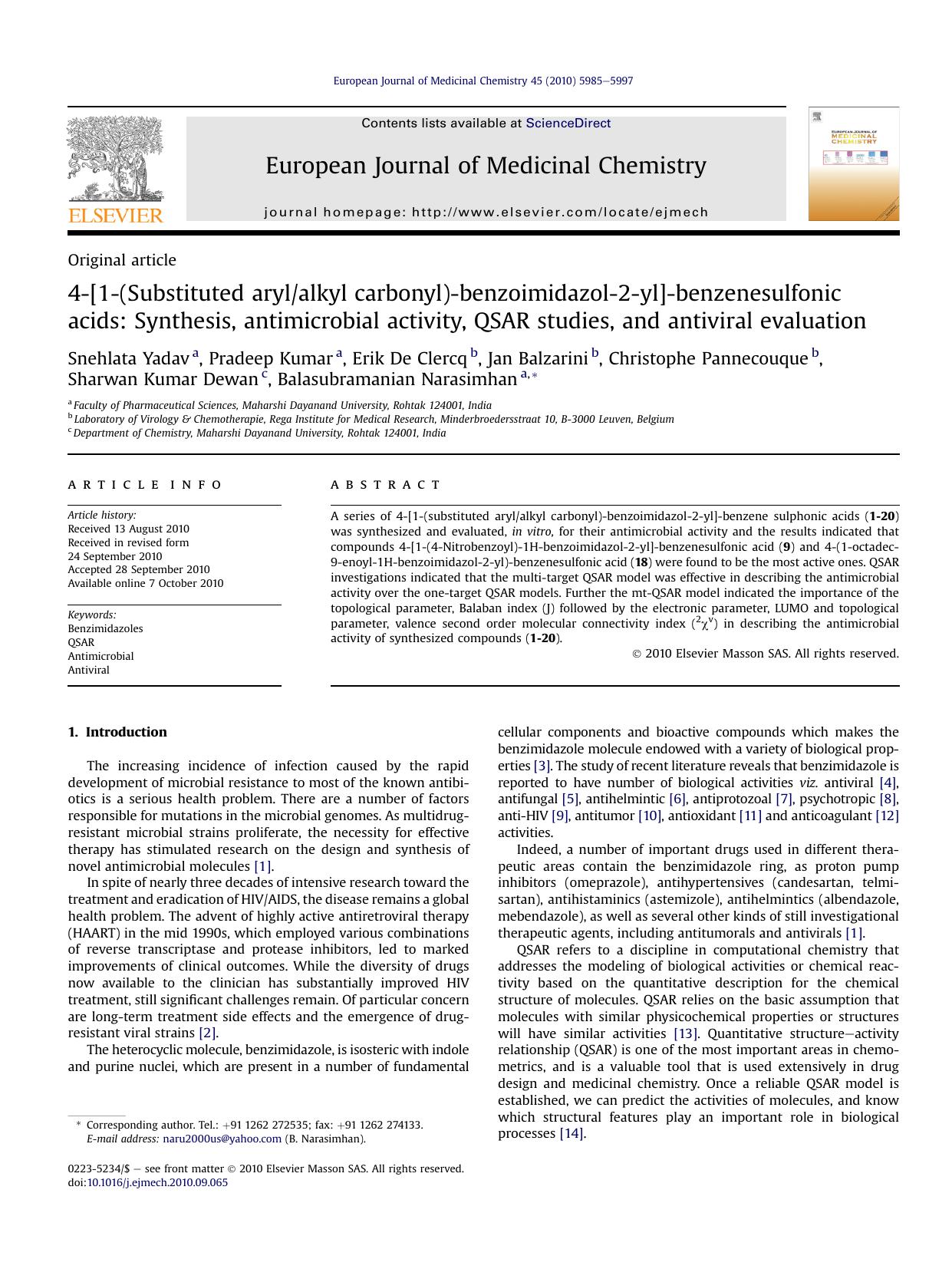 4-[1-(Substituted arylalkyl carbonyl)-benzoimidazol-2-yl]-benzenesulfonic acids: Synthesis, antimicrobial activity, QSAR studies, and antiviral evaluation by unknow