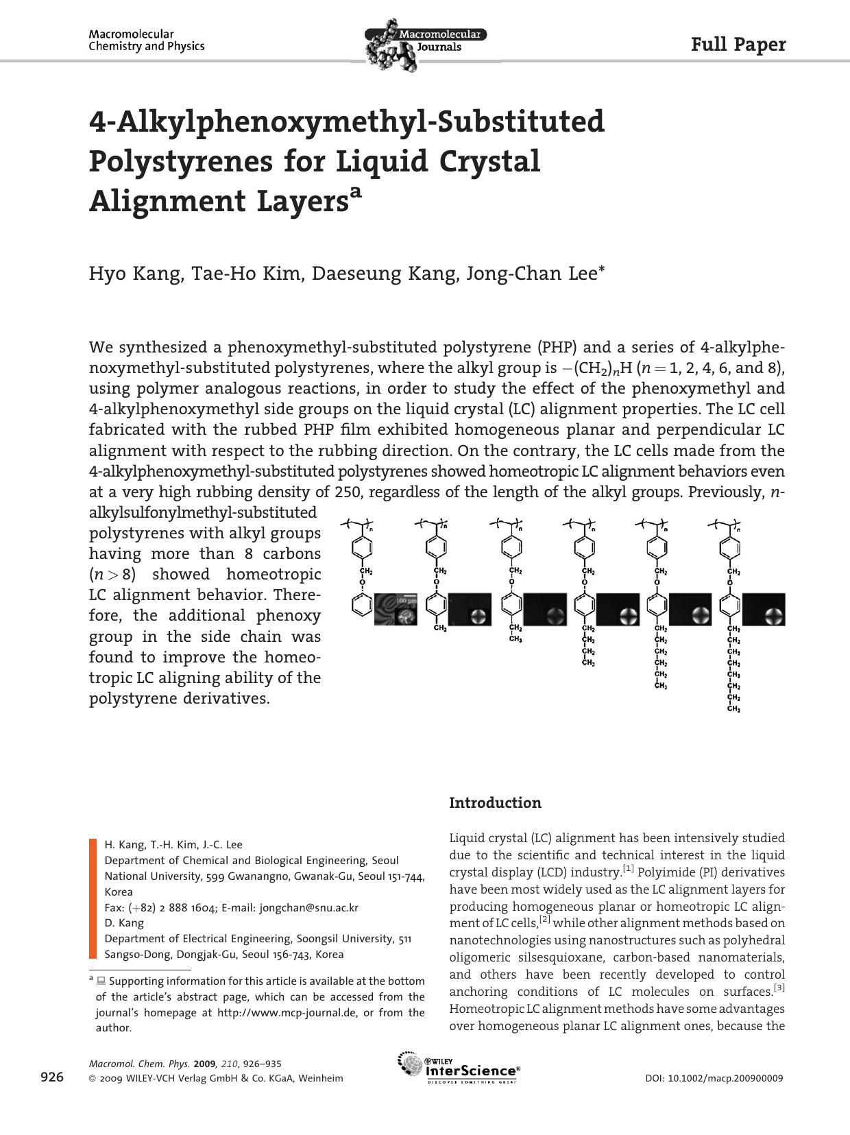 4-Alkylphenoxymethyl-Substituted Polystyrenes for Liquid Crystal Alignment Layers by Unknown