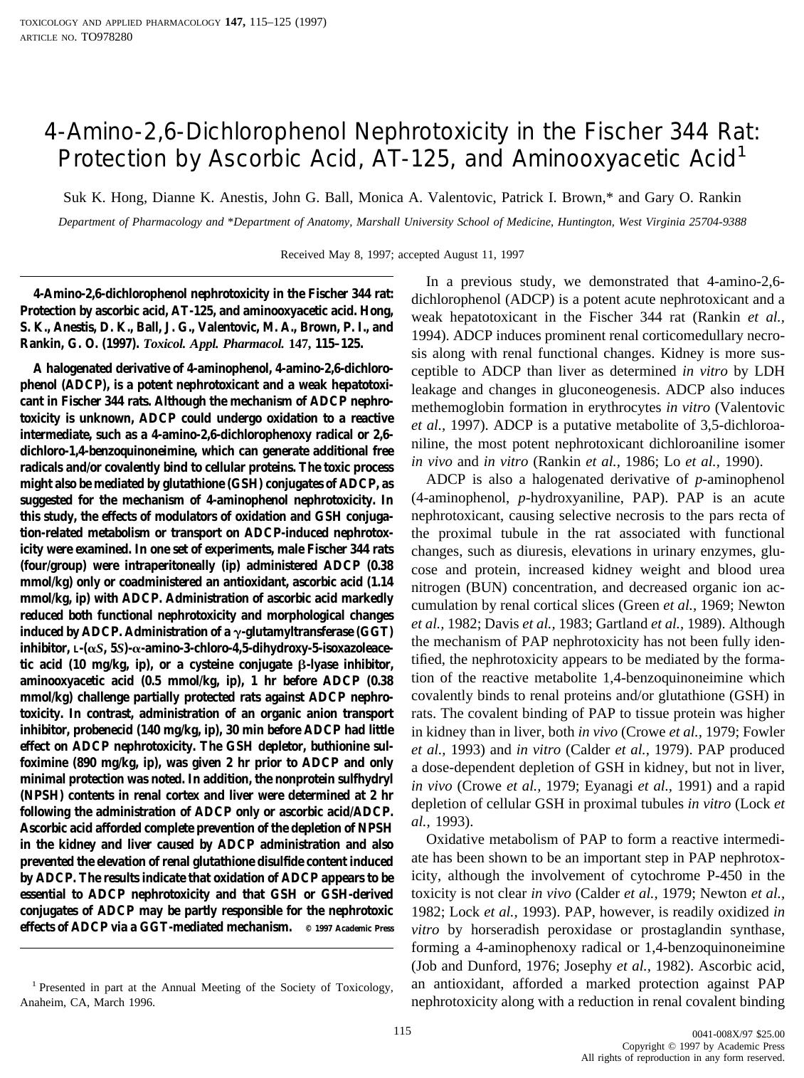4-Amino-2,6-Dichlorophenol Nephrotoxicity in the Fischer 344 Rat: Protection by Ascorbic Acid, AT-125, and Aminooxyacetic Acid by Hong S. K. et al