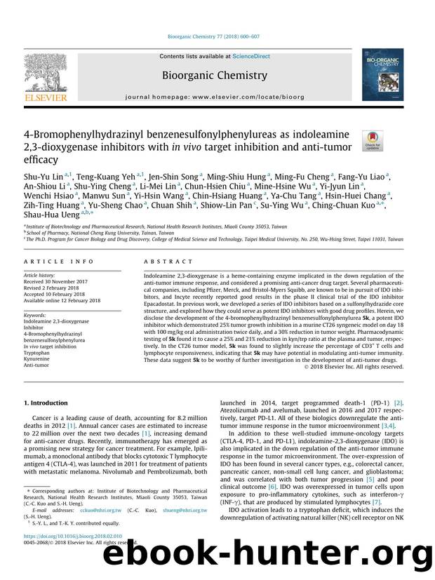 4-Bromophenylhydrazinyl benzenesulfonylphenylureas as indoleamine 2,3-dioxygenase inhibitors with in vivo target inhibition and anti-tumor efficacy by unknow