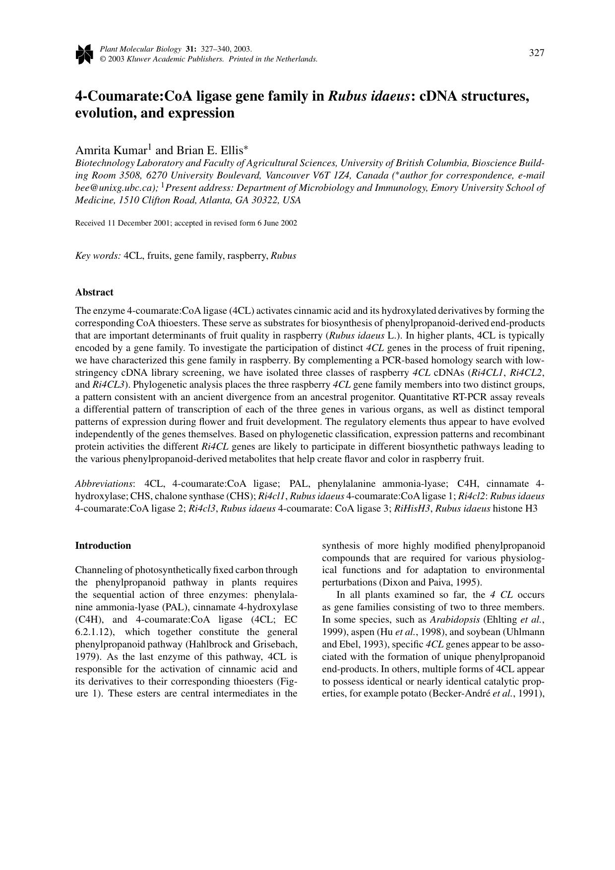 4-Coumarate:CoA ligase gene family in <Emphasis Type="Italic">Rubus idaeus<Emphasis>: cDNA structures, evolution, and expression by Unknown