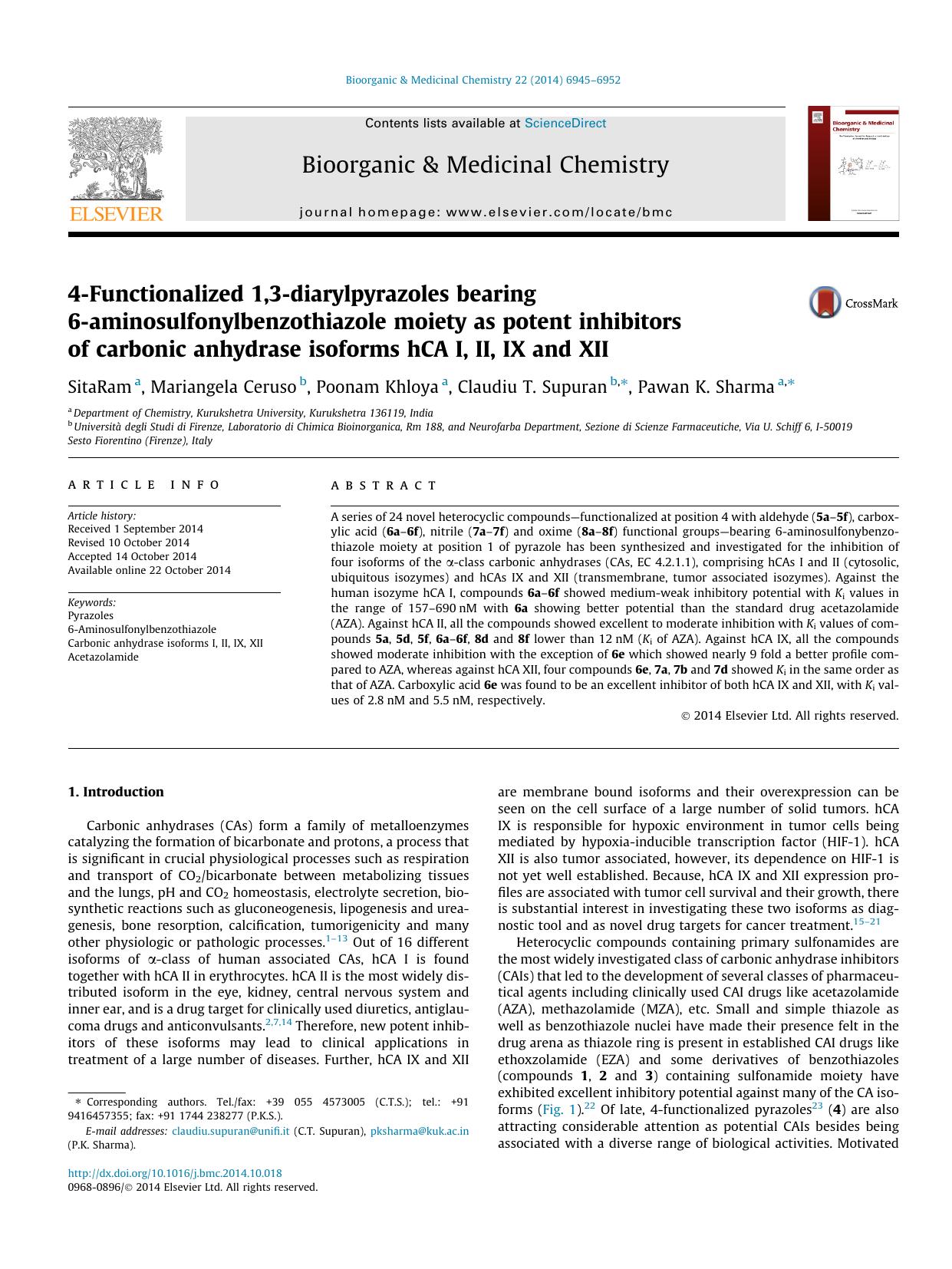 4-Functionalized 1,3-diarylpyrazoles bearing 6-aminosulfonylbenzothiazole moiety as potent inhibitors of carbonic anhydrase isoforms hCA I, II, IX and XII by SitaRam & Mariangela Ceruso & Poonam Khloya & Claudiu T. Supuran & Pawan K. Sharma