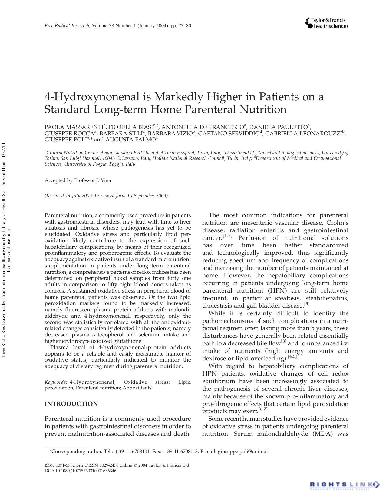 4-Hydroxynonenal is Markedly Higher in Patients on a Standard Long-term Home Parenteral Nutrition by unknow
