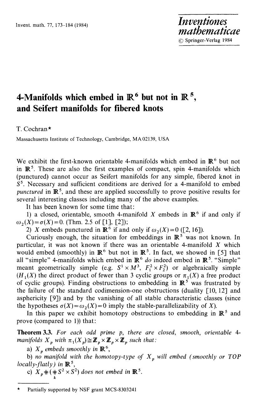 4-Manifolds which embed in &#x211D; <Superscript>6 <Superscript>&#x211D; <Superscript>5 <Superscript>, and Seifert manifolds for fibered knots by 4-Manifolds which embed in R5 R6 & Seifert manifolds for fibered knots (1984)(12s)