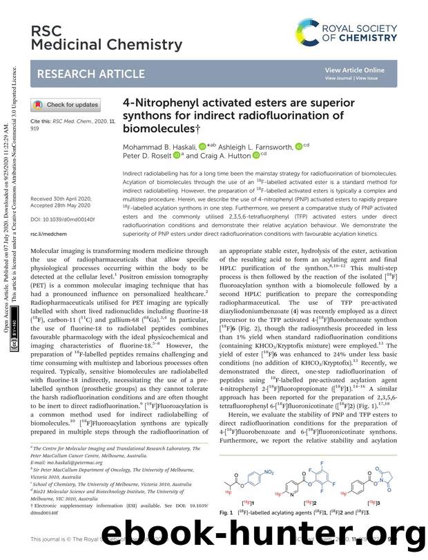 4-Nitrophenyl activated esters are superior synthons for indirect radiofluorination of biomolecules by Mohammad B. Haskali & Ashleigh L. Farnsworth & Peter D. Roselt & Craig A. Hutton