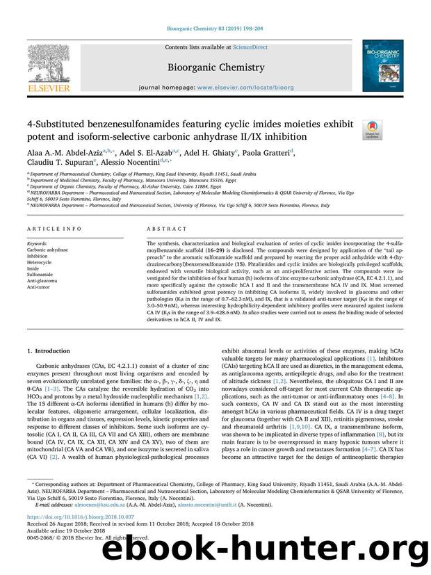 4-Substituted benzenesulfonamides featuring cyclic imides moieties exhibit potent and isoform-selective carbonic anhydrase IIIX inhibition by Alaa A.-M. Abdel-Aziz