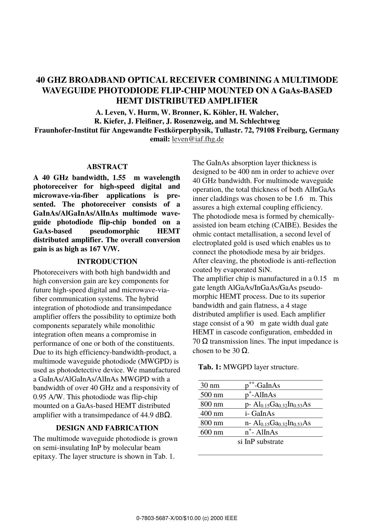 40 GHz Broadband Optical Receiver Combining a Multimode Waveguide Photodiode Flip-Chip Mounted on a GaAs-Based HEMT Distributed Amplifier by unknow