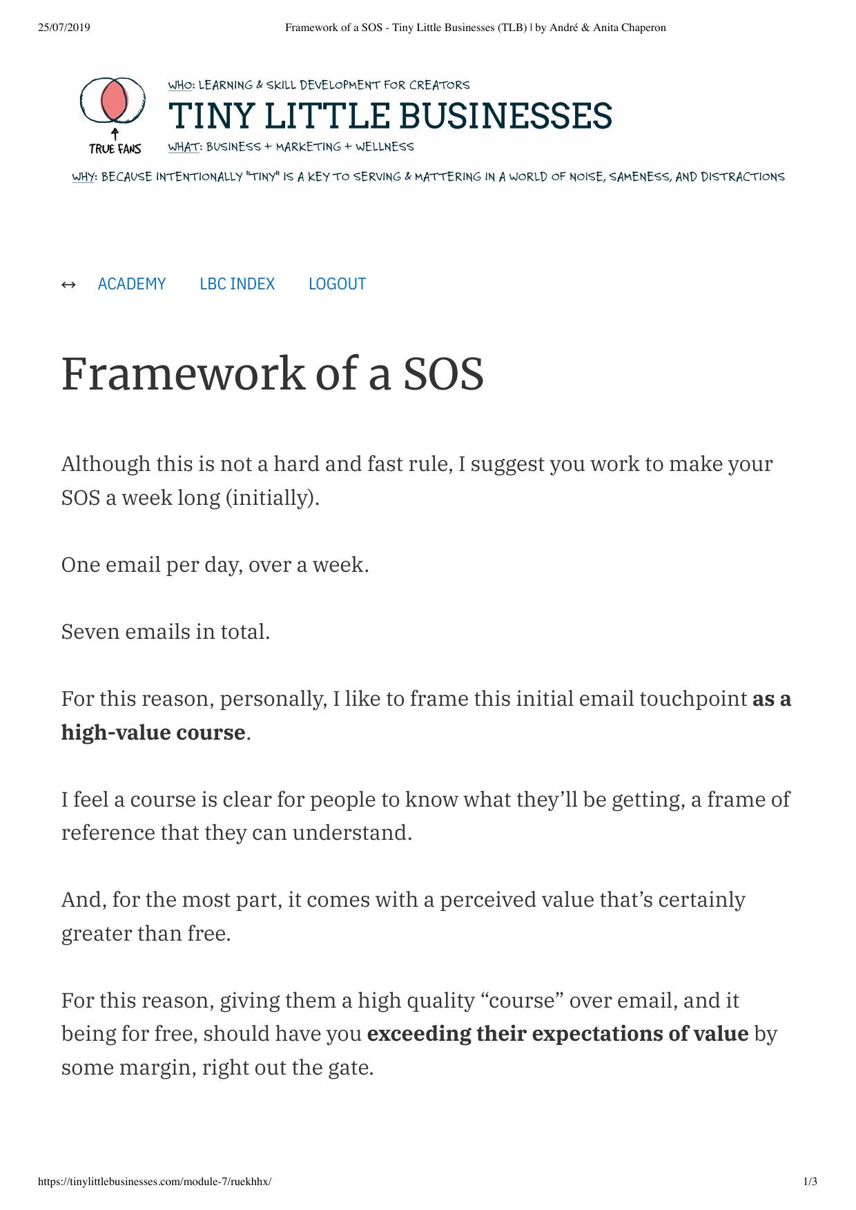 40. Framework of a SOS by Tiny Little Businesses (TLB) by André & Anita Chaperon