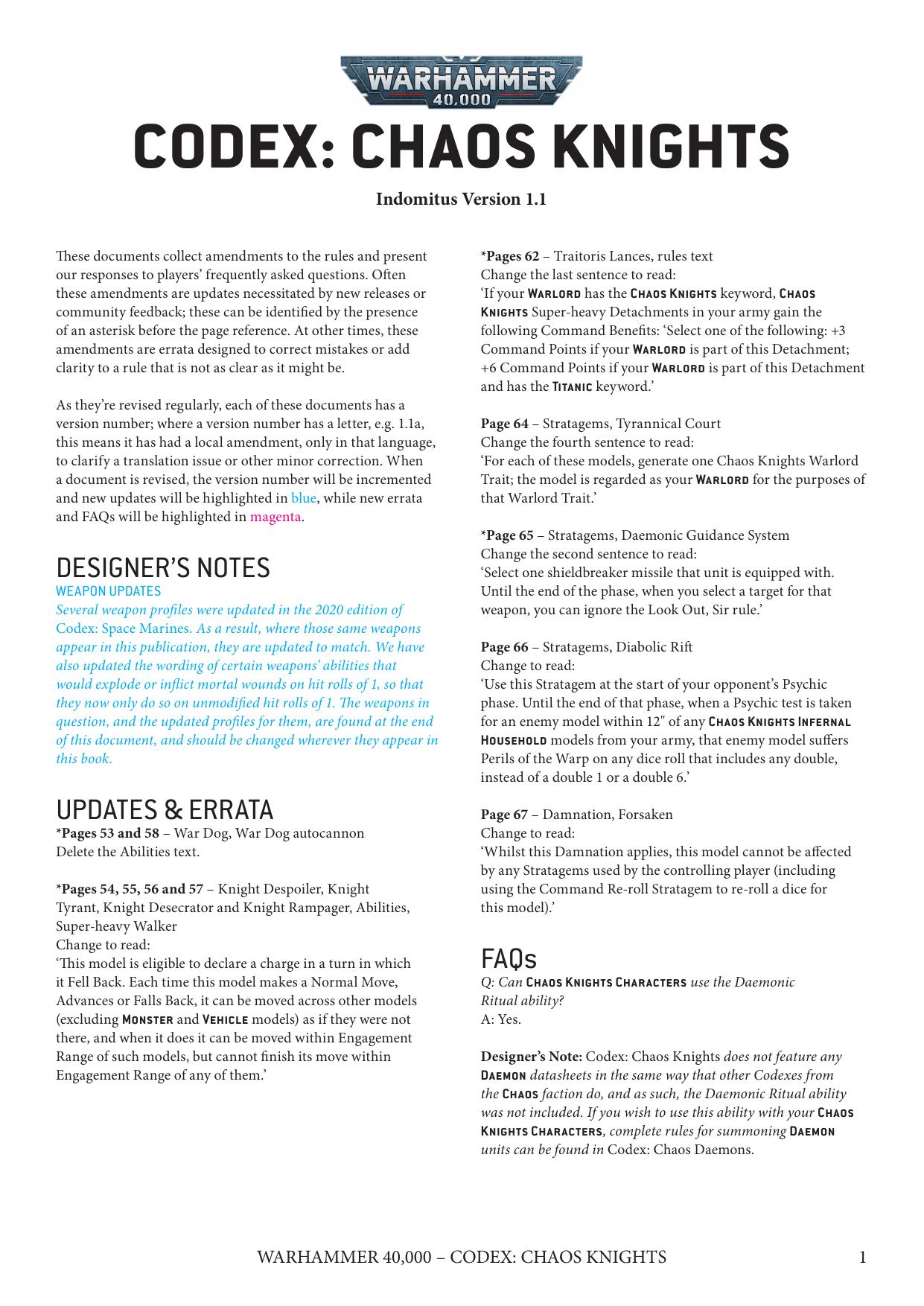 40K 9th ed Update 8e Codex Chaos Knights Ver 1.1 by Unknown