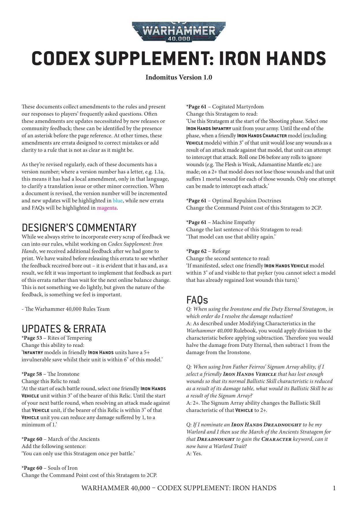 40K 9th ed Update 8e Codex Supplement Iron Hands Ver 1.0 by Unknown