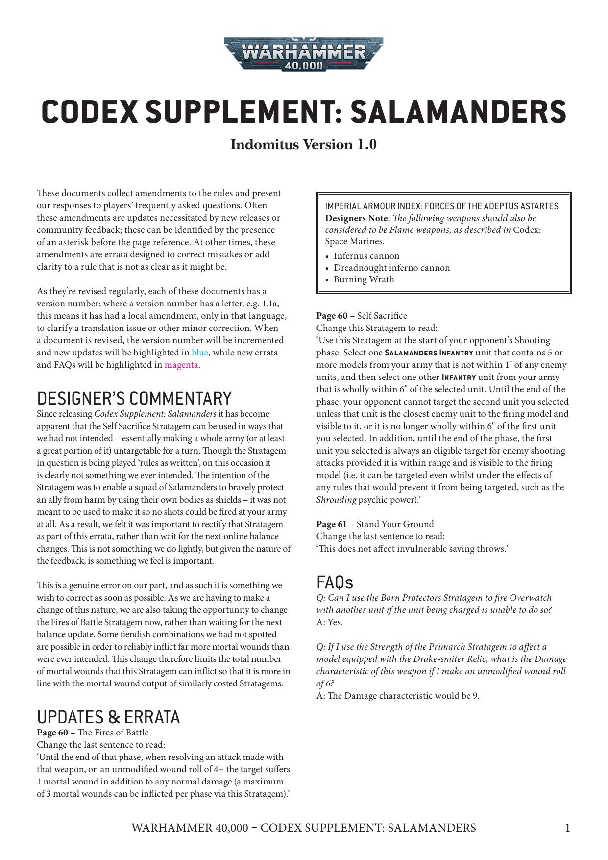 40K 9th ed Update 8e Codex Supplement Salamanders Ver 1.0 by Unknown
