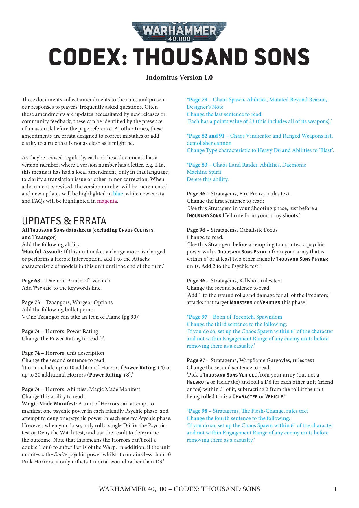 40K 9th ed Update 8e Codex Thousand Sons Ver 1.0 by Unknown