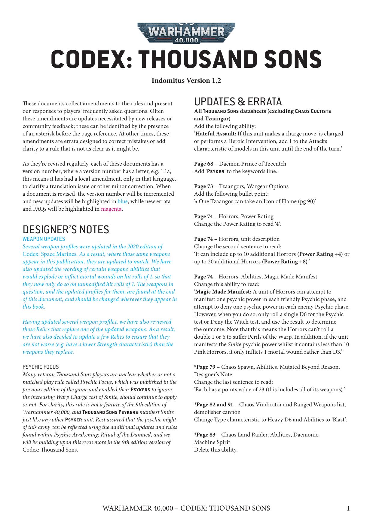 40K 9th ed Update 8e Codex Thousand Sons Ver 1.2 by Unknown