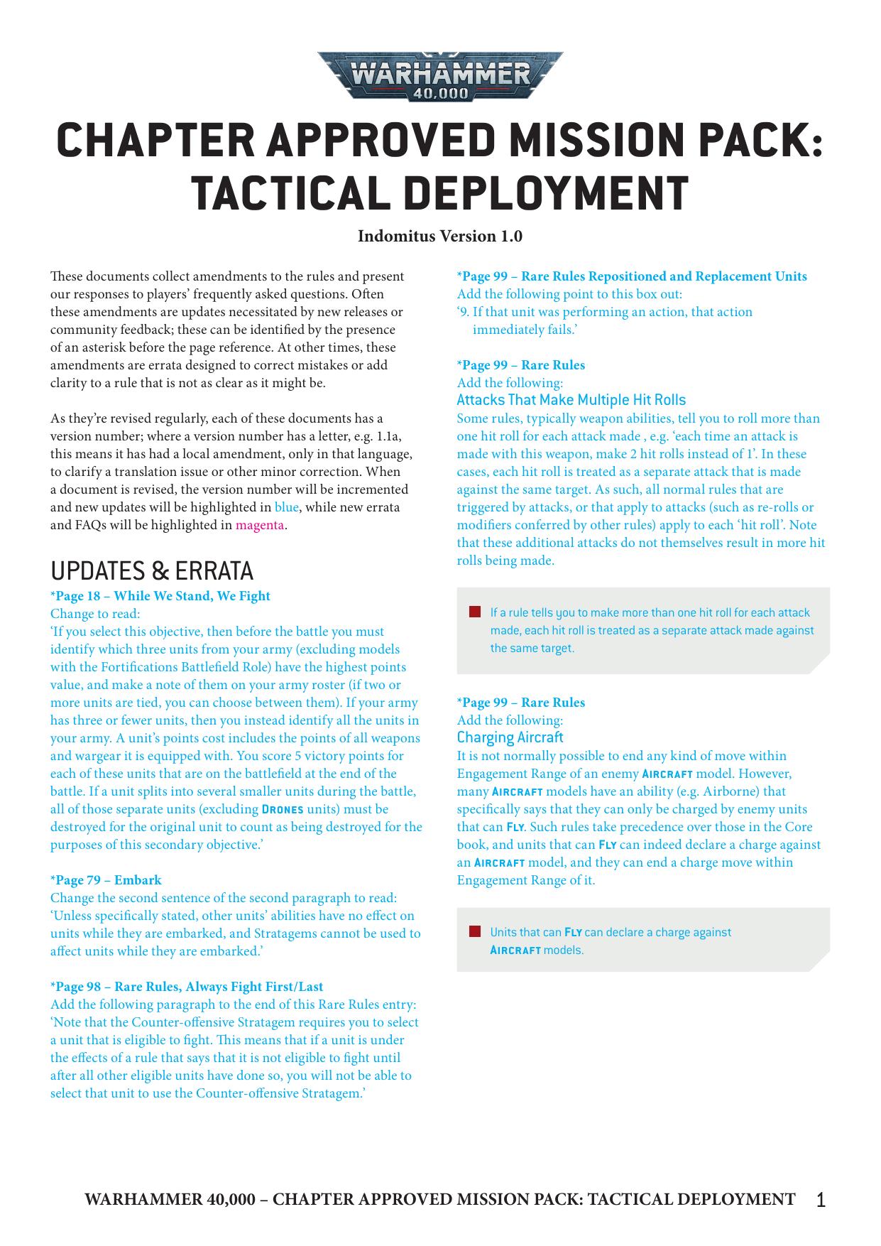40K 9th ed Update Chapter Approved Mission Pack Tactical Deployment Ver 1.0 by Unknown