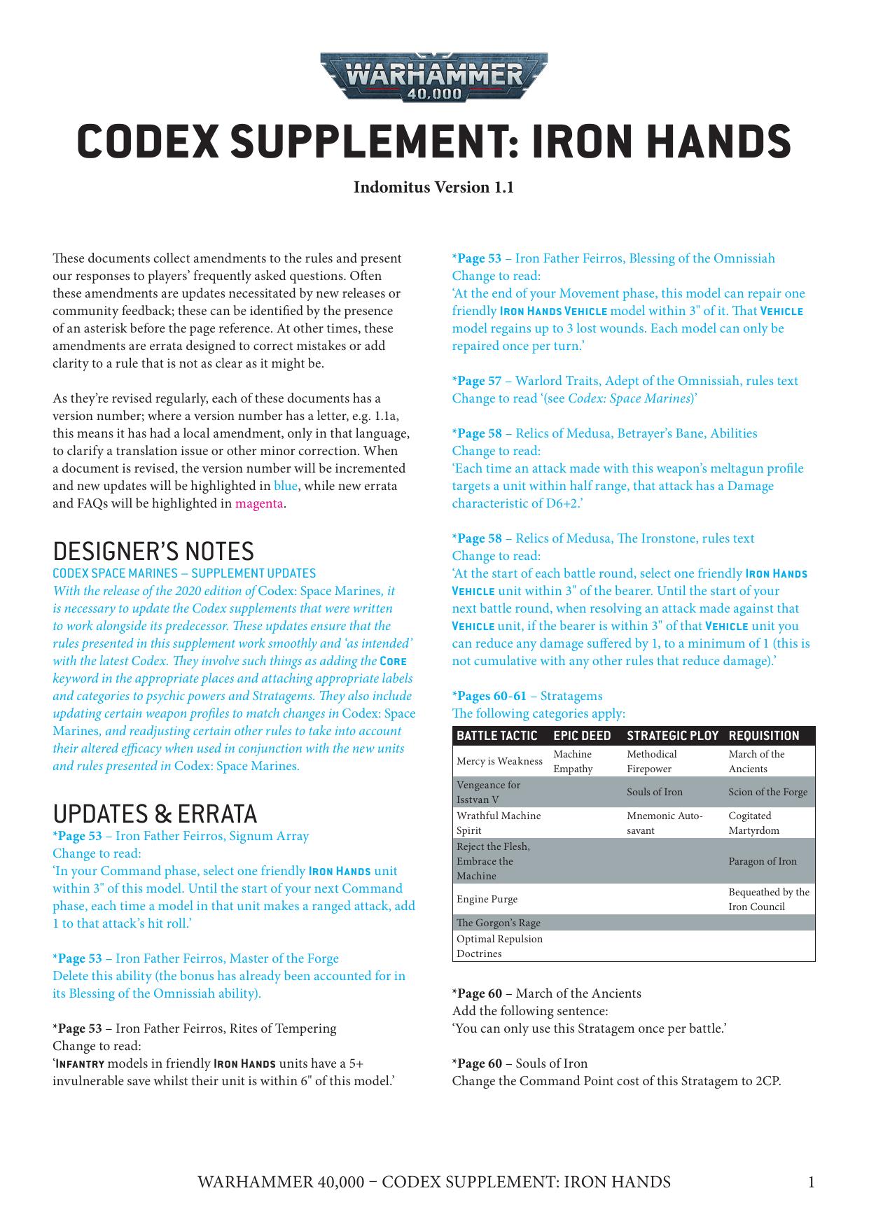 40K 9th ed Update Codex 8e Supplement Iron Hands Ver 1.1 by Unknown