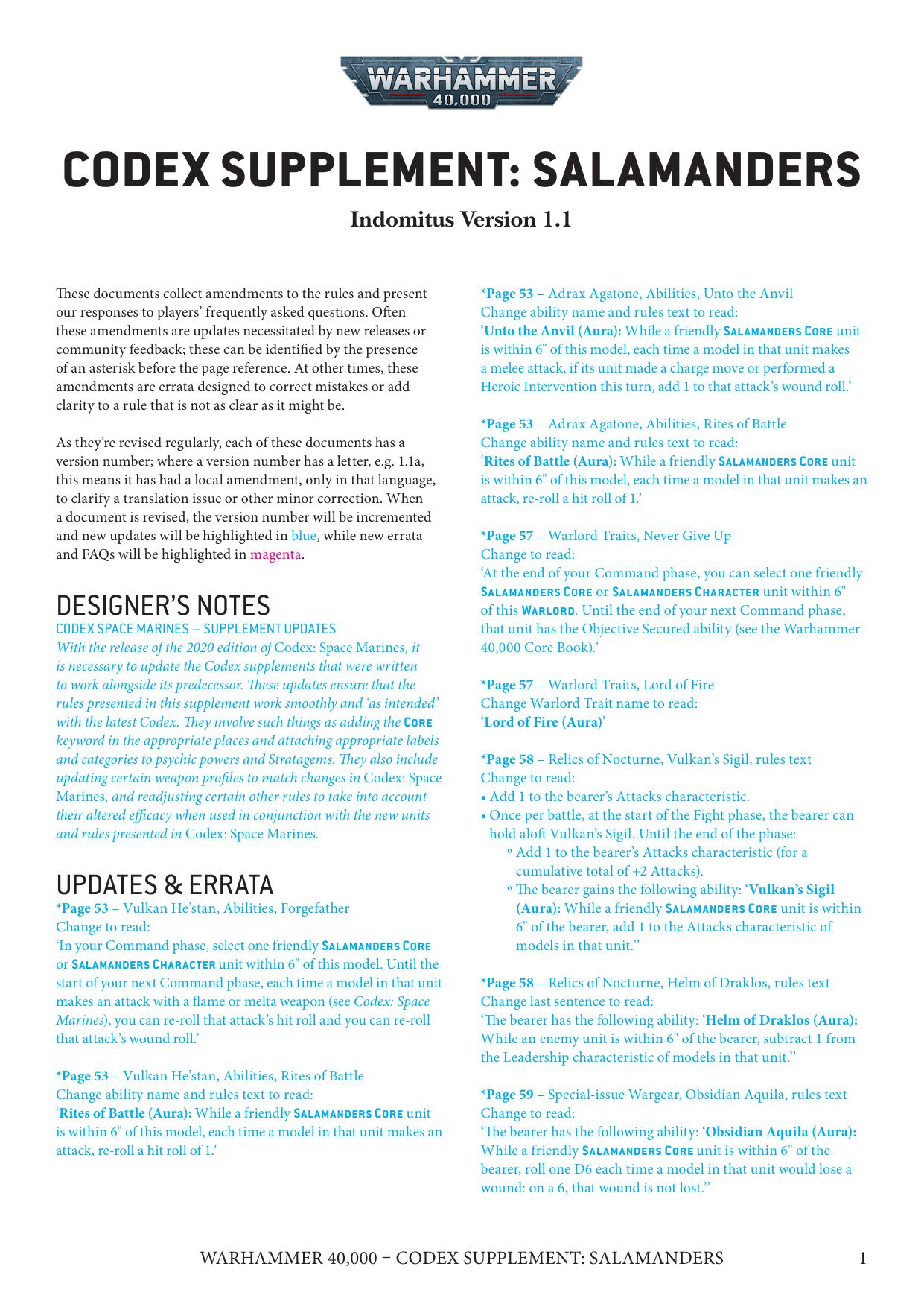 40K 9th ed Update Codex 8e Supplement Salamanders Ver 1.1 by Unknown