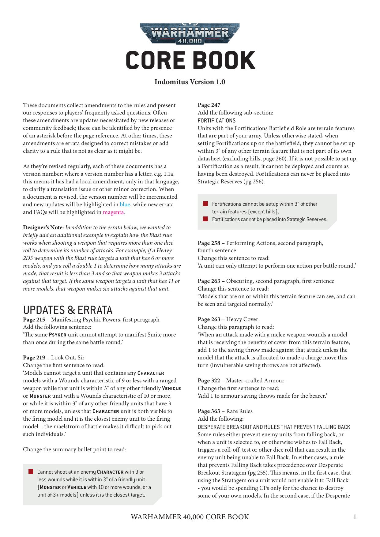 40K 9th ed Update Core Book Ver 1.0 by Unknown