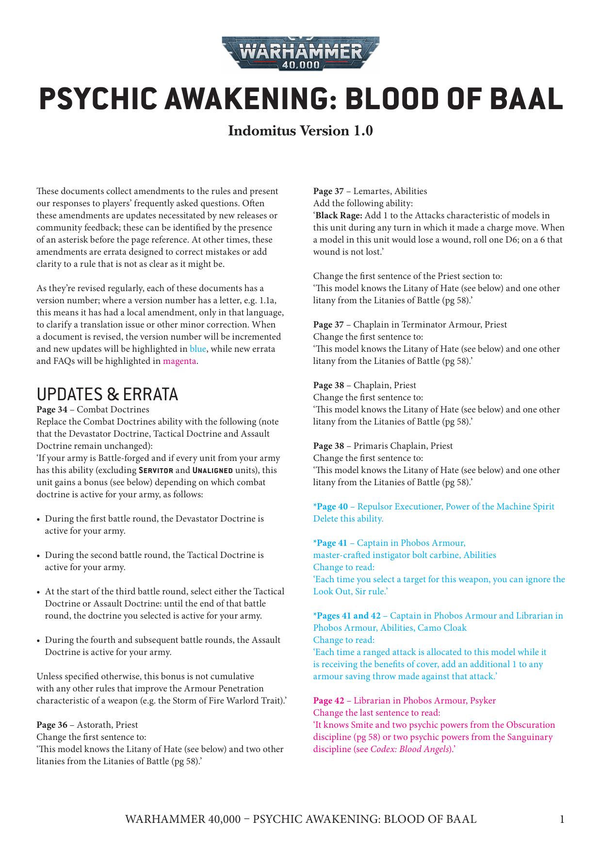 40K 9th ed Update Psychic Awakening Blood of Baal Ver 1.0 by Unknown
