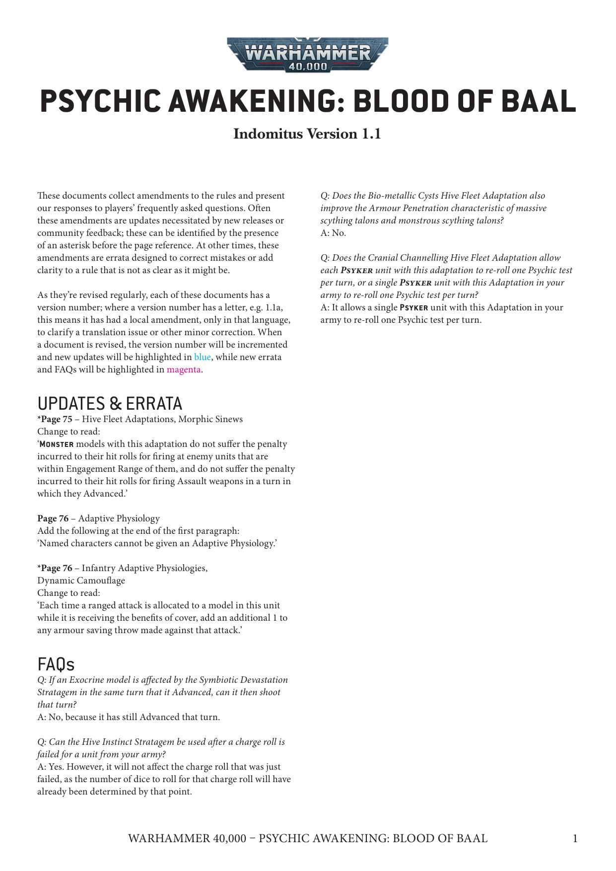 40K 9th ed Update Psychic Awakening Blood of Baal Ver 1.1 by Unknown