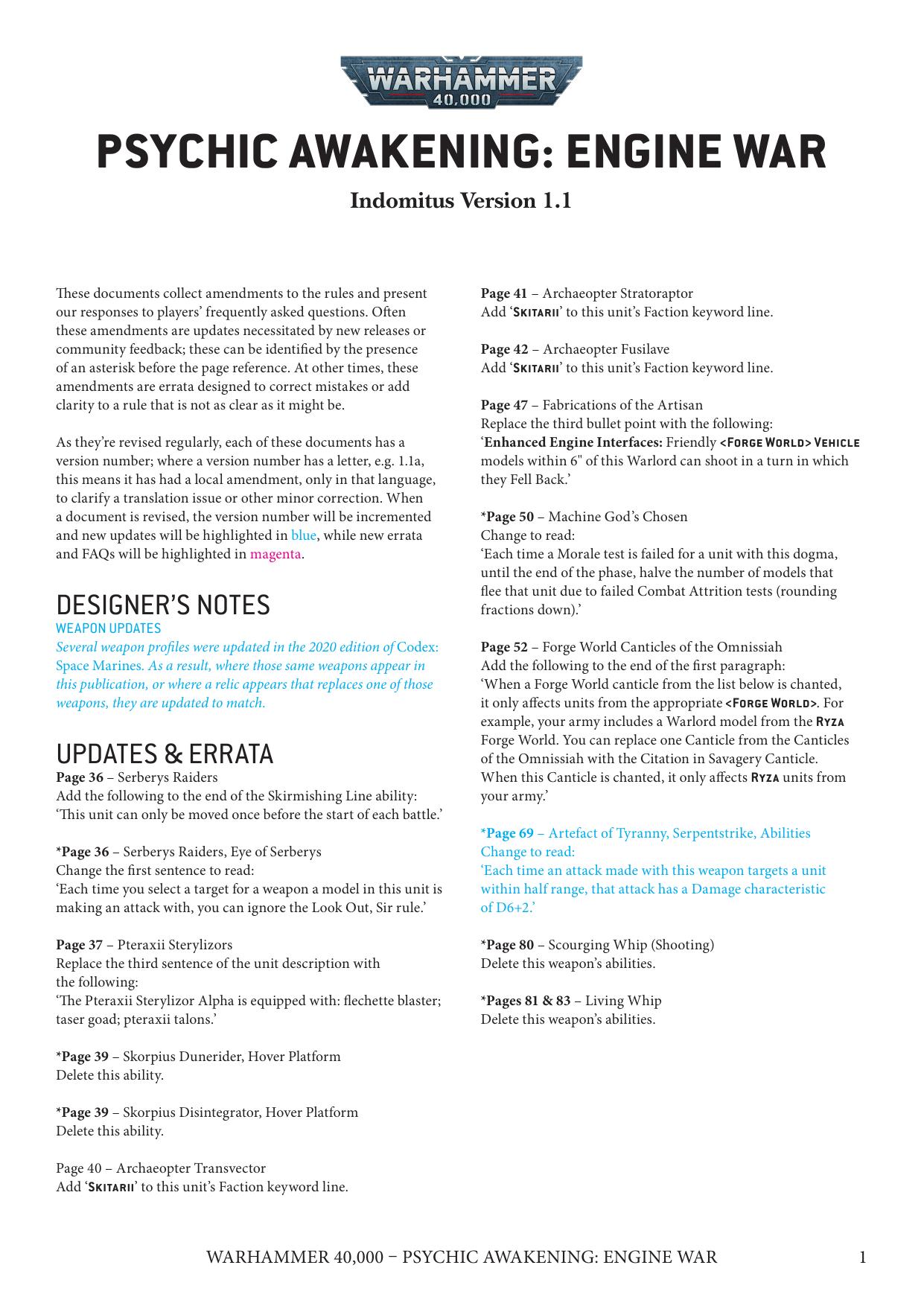 40K 9th ed Update Psychic Awakening Engine War Ver 1.1 by Unknown