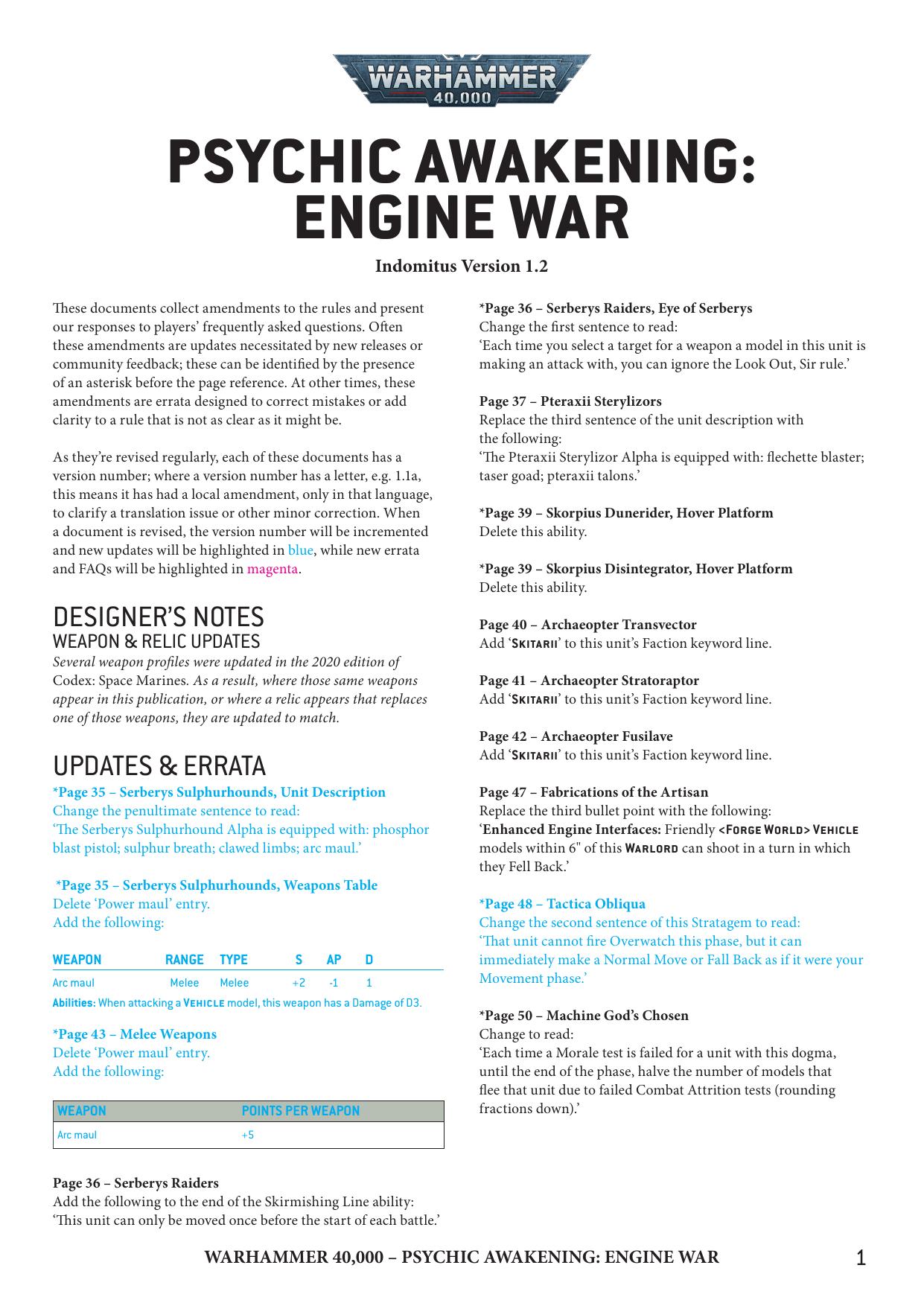 40K 9th ed Update Psychic Awakening Engine War Ver 1.2 by Unknown