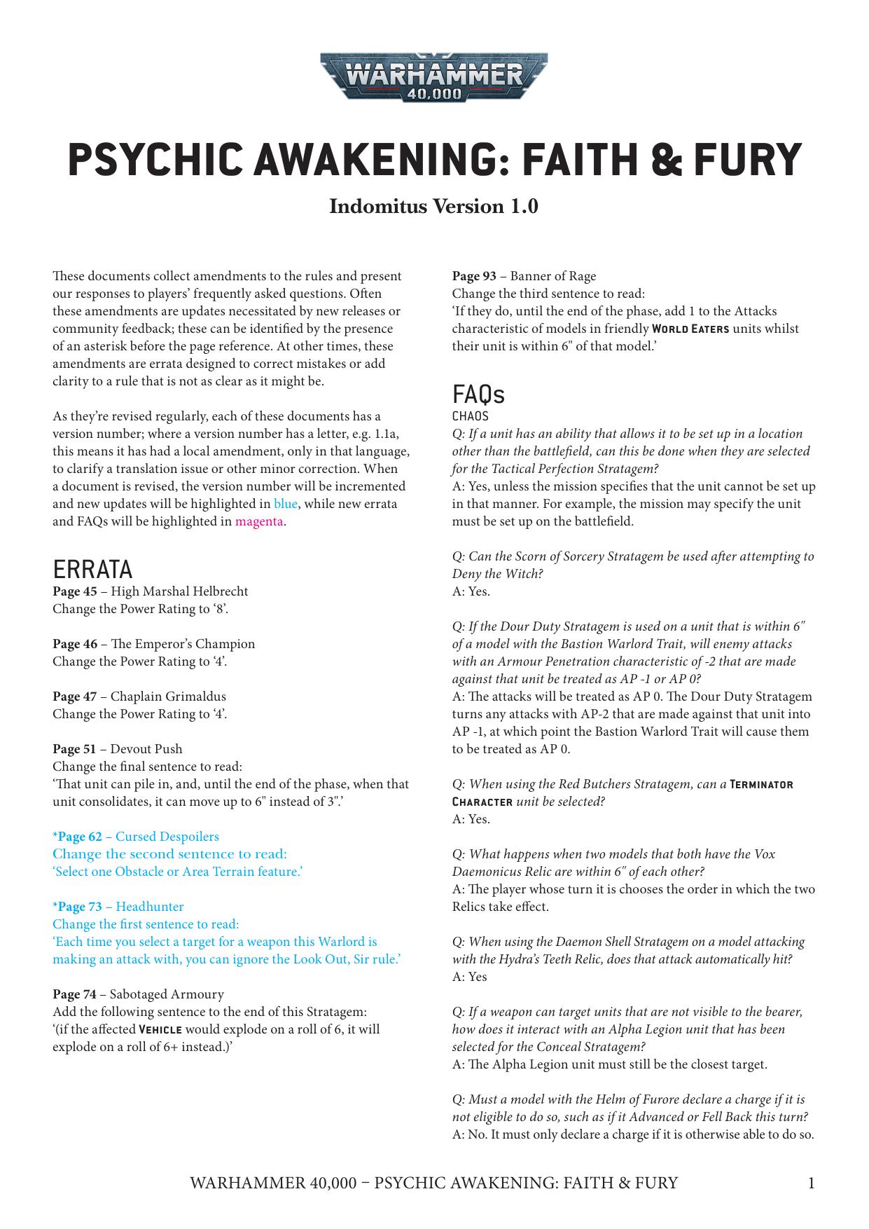 40K 9th ed Update Psychic Awakening Faith & Fury Ver 1.0 by Unknown