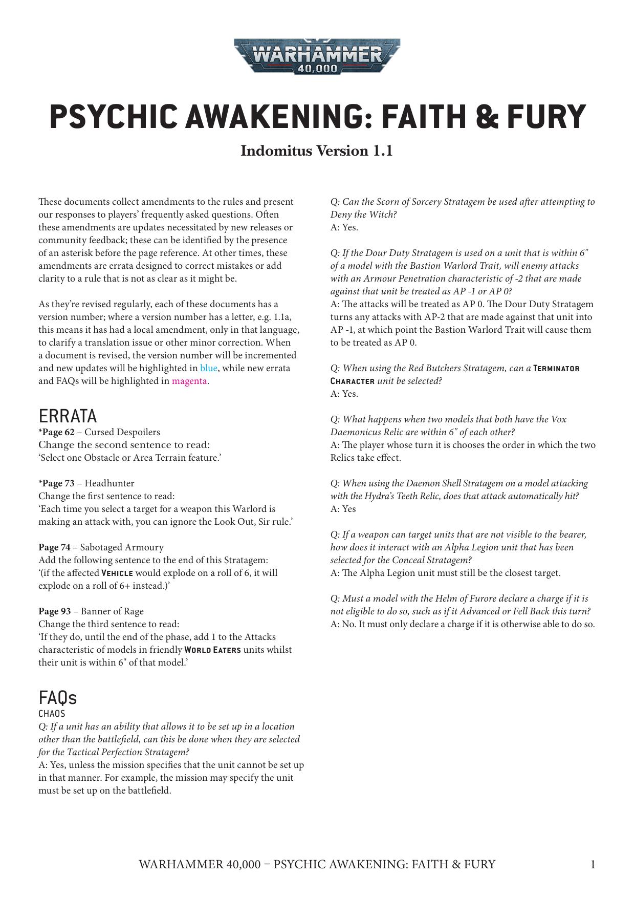 40K 9th ed Update Psychic Awakening Faith & Fury Ver 1.1 by Unknown