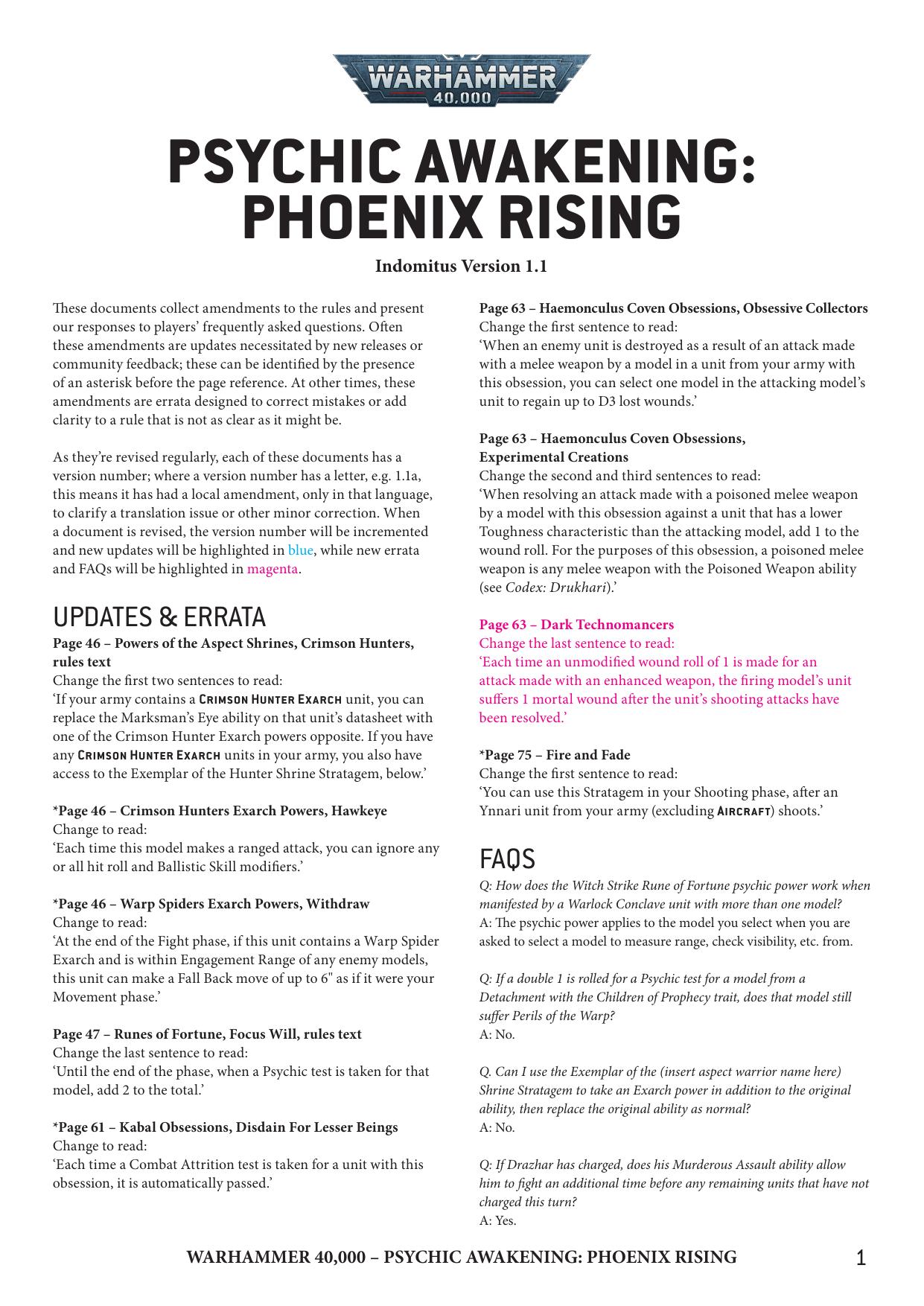 40K 9th ed Update Psychic Awakening Phoenix Rising Ver 1.1 by Unknown
