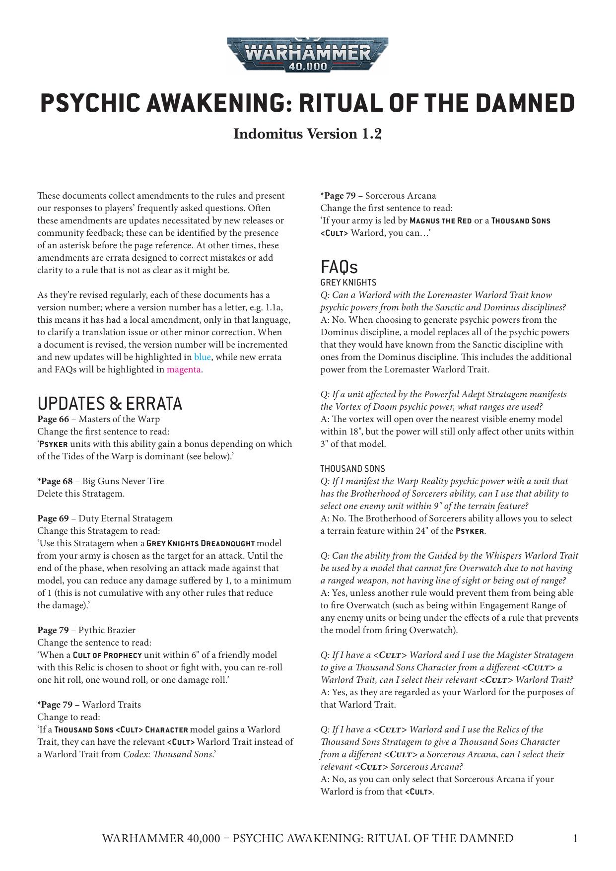 40K 9th ed Update Psychic Awakening Ritual of the Damned Ver 1.2 by Unknown
