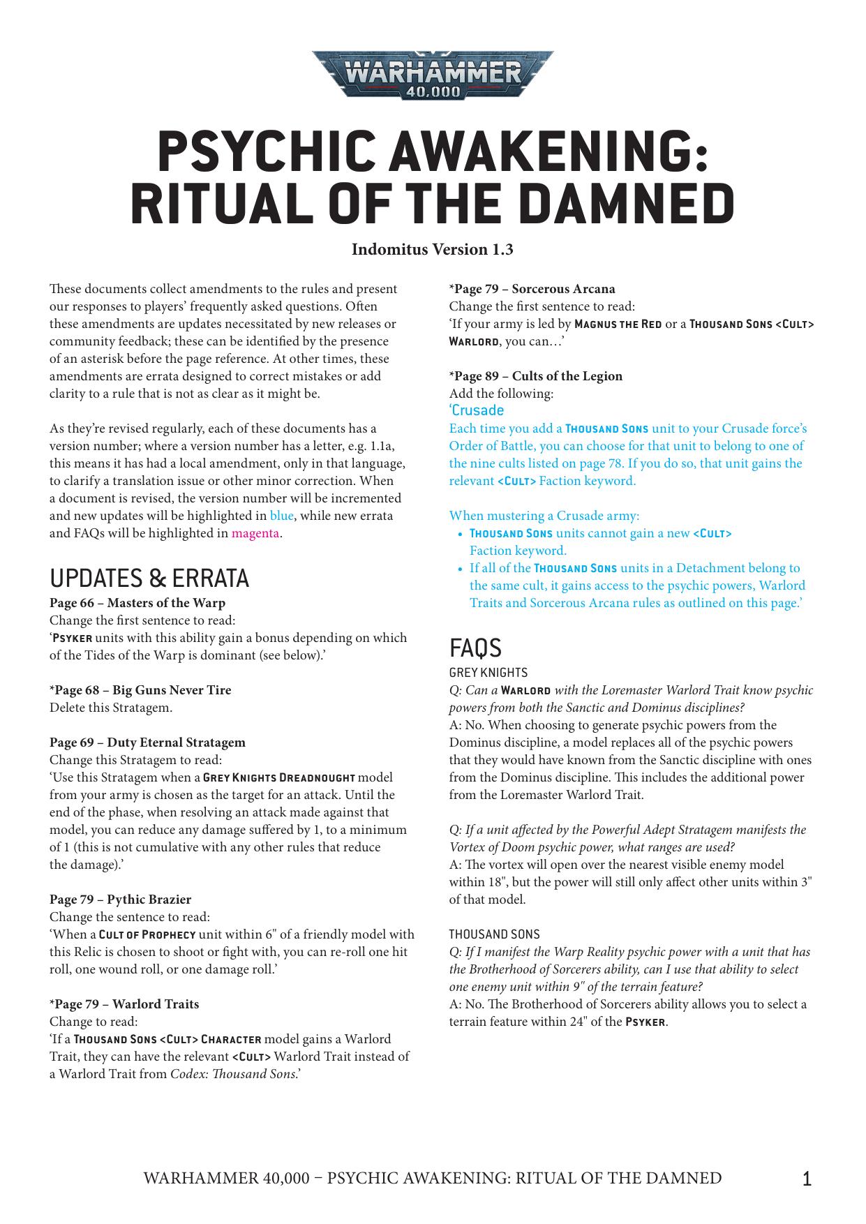 40K 9th ed Update Psychic Awakening Ritual of the Damned Ver 1.3 by Unknown