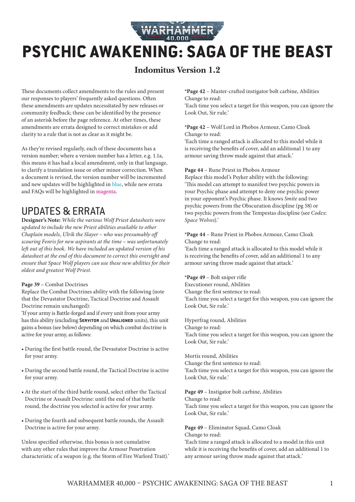 40K 9th ed Update Psychic Awakening Saga of the Beast Ver 1.2 by Unknown